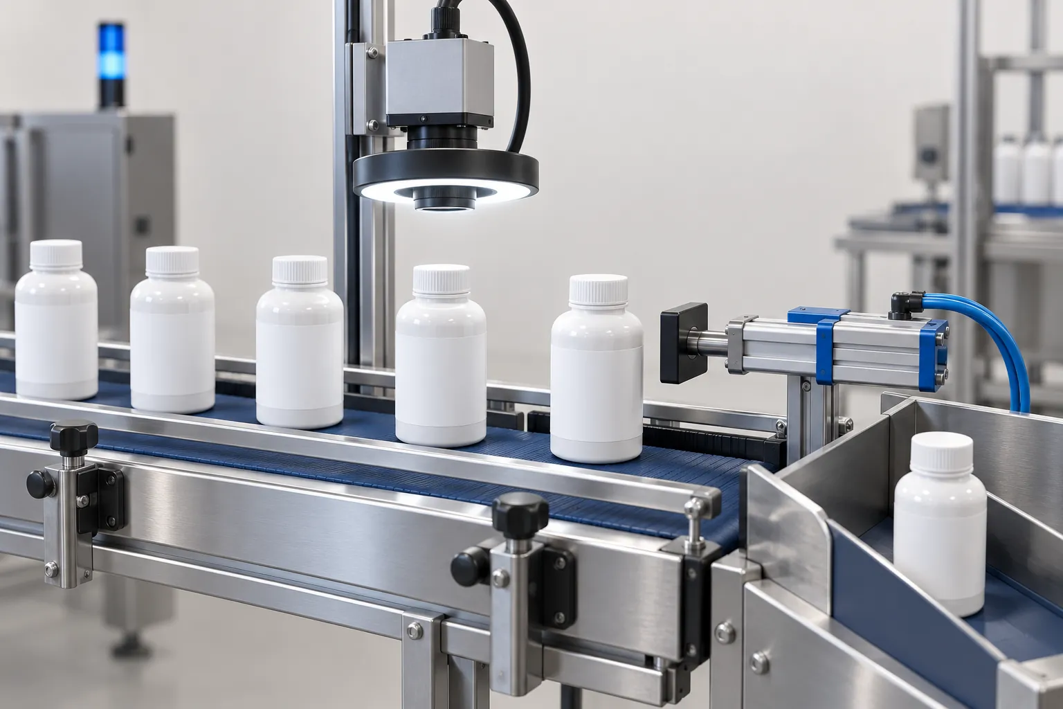 Illustration of an industrial camera with a ring light above a conveyor of blank-label jars, with a reject mechanism beside the line