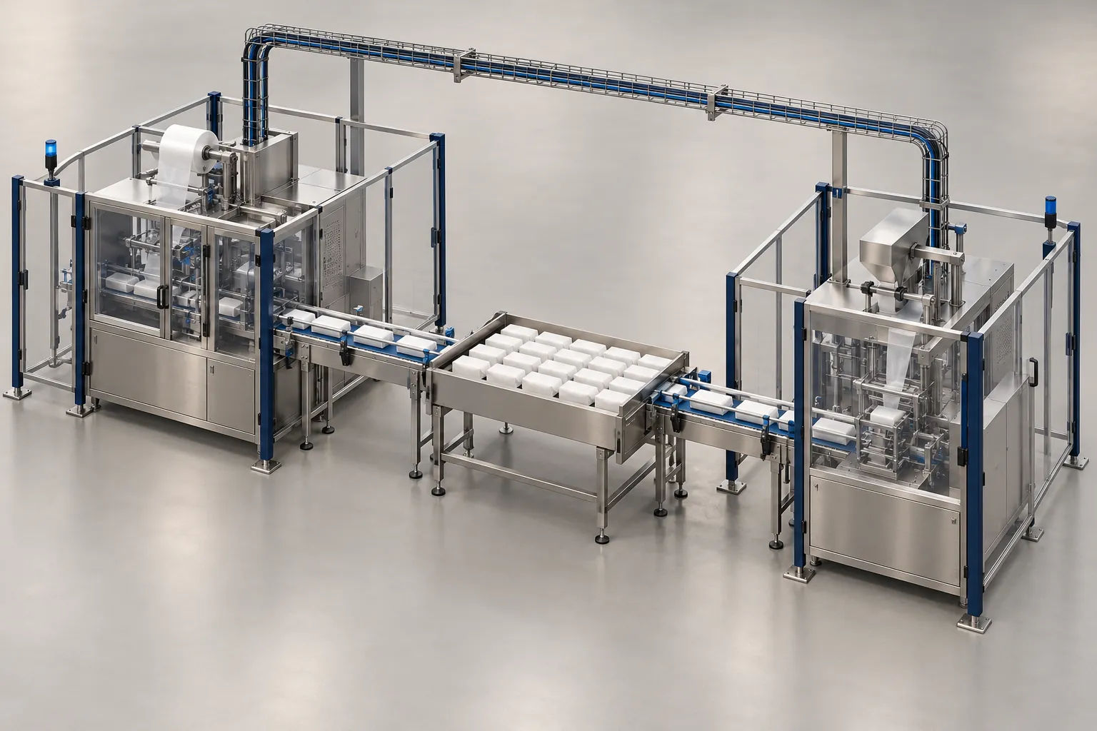 Illustration of two packaging machines linked by a conveyor and an accumulation table, with cable trays and safety fencing
