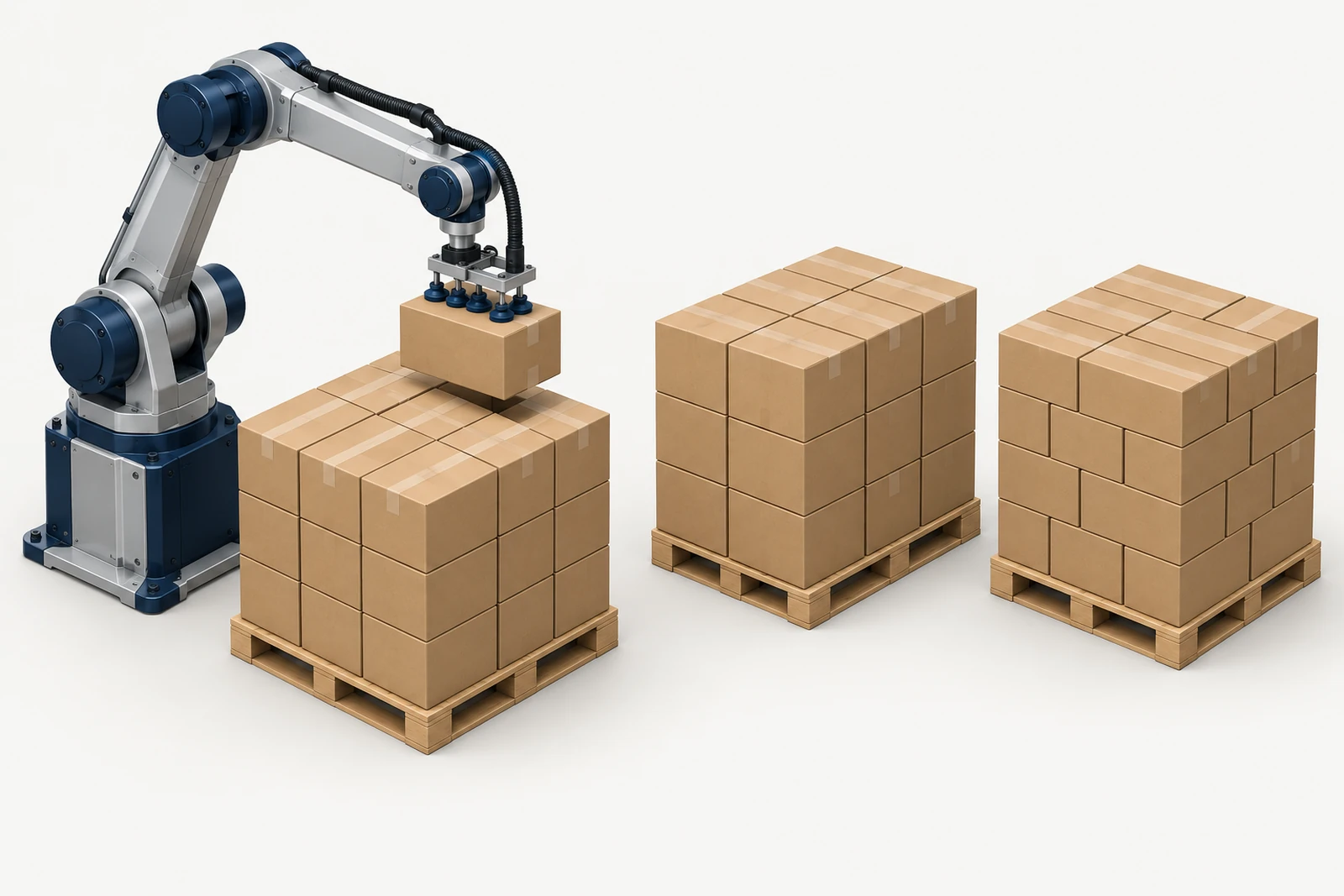 Illustration of a robotic palletizer placing cases on a pallet, with finished pallet loads in different stacking patterns beside it