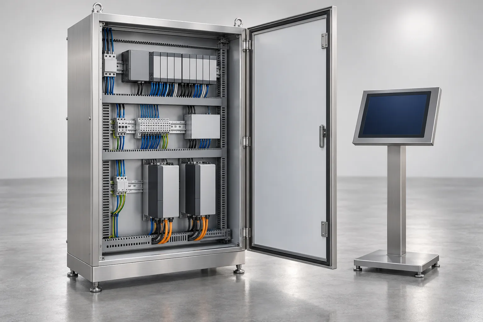 Illustration of an open control cabinet with PLC modules, servo drives and wiring, with a touch screen in front