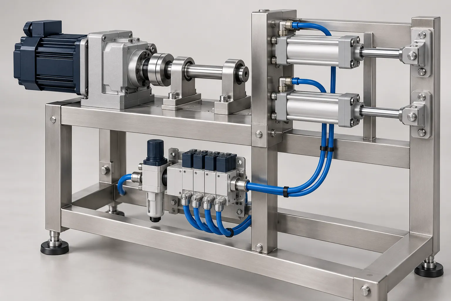 Illustration of a servo motor with gearbox beside a bank of pneumatic cylinders, a valve island and blue air tubing on a machine frame