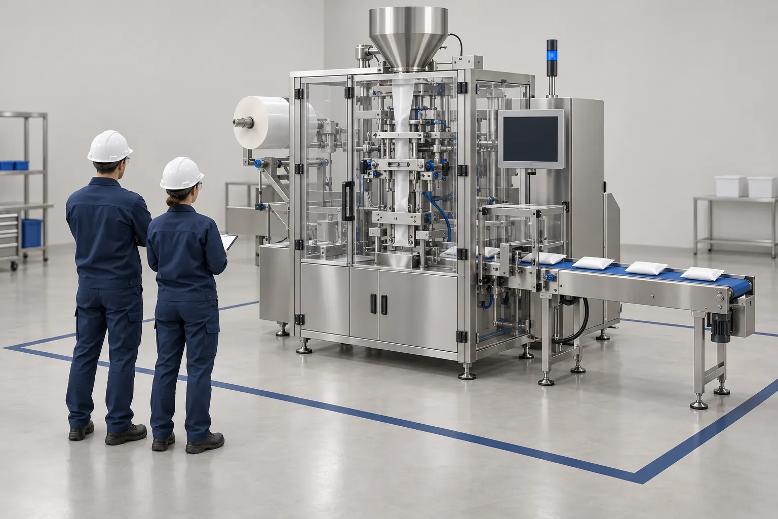 Illustration of a packaging machine on a trial floor with floor markings while an engineer seen from behind observes a test run