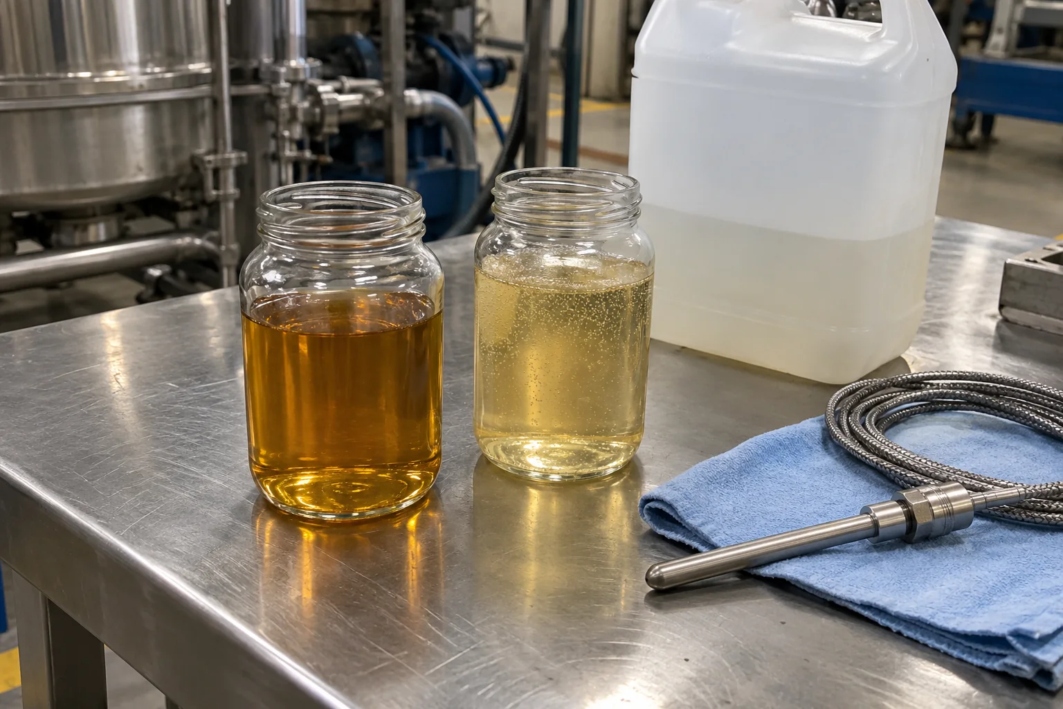 Two ungraduated clear glass jars containing amber liquid lots—one smooth and one slightly aerated with micro-bubbles—beside a translucent plastic jug and a coiled stainless temperature probe on a steel bench