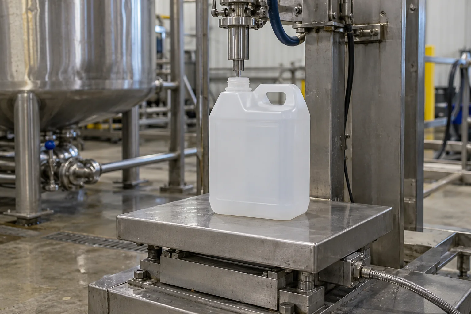 A vertical stainless-steel shut-off liquid filling nozzle positioned with an air gap above a translucent plastic jerrycan resting on a stainless load-cell weighing platform