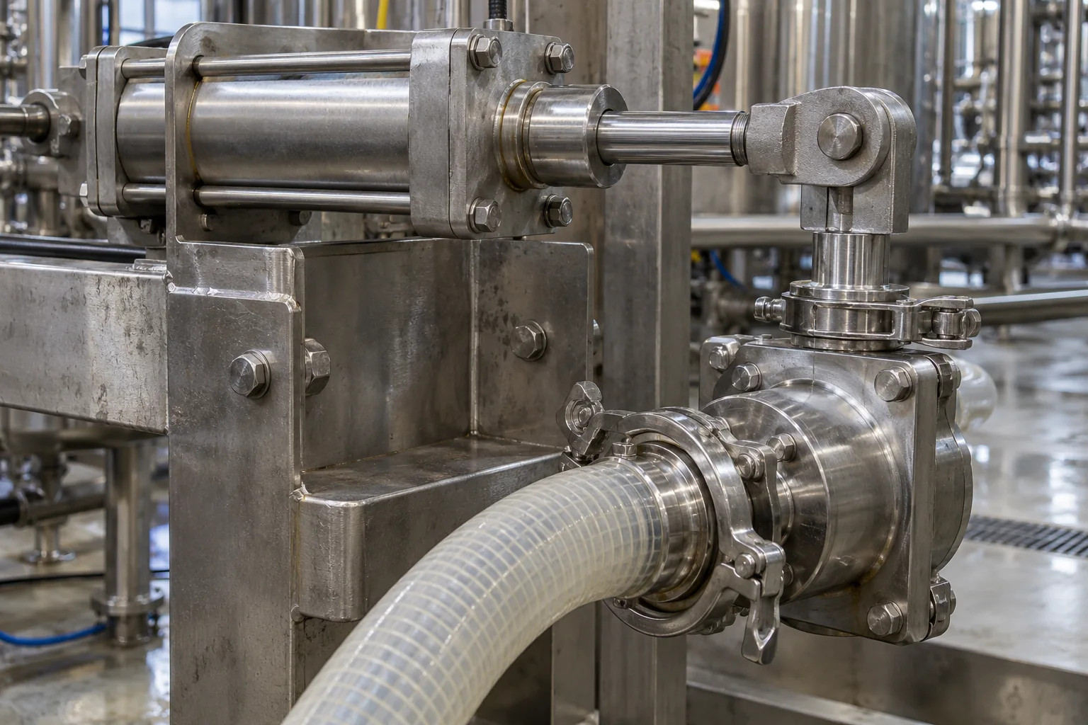 Close-up of a stainless-steel volumetric piston cylinder, actuator rod and sanitary tri-clamp rotary valve block connected to a reinforced transfer hose
