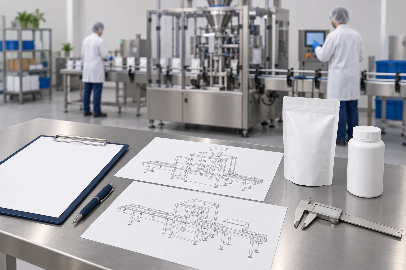 Illustration of a clipboard, blank technical drawings, sample packs and calipers prepared on a desk for a packaging machine specification