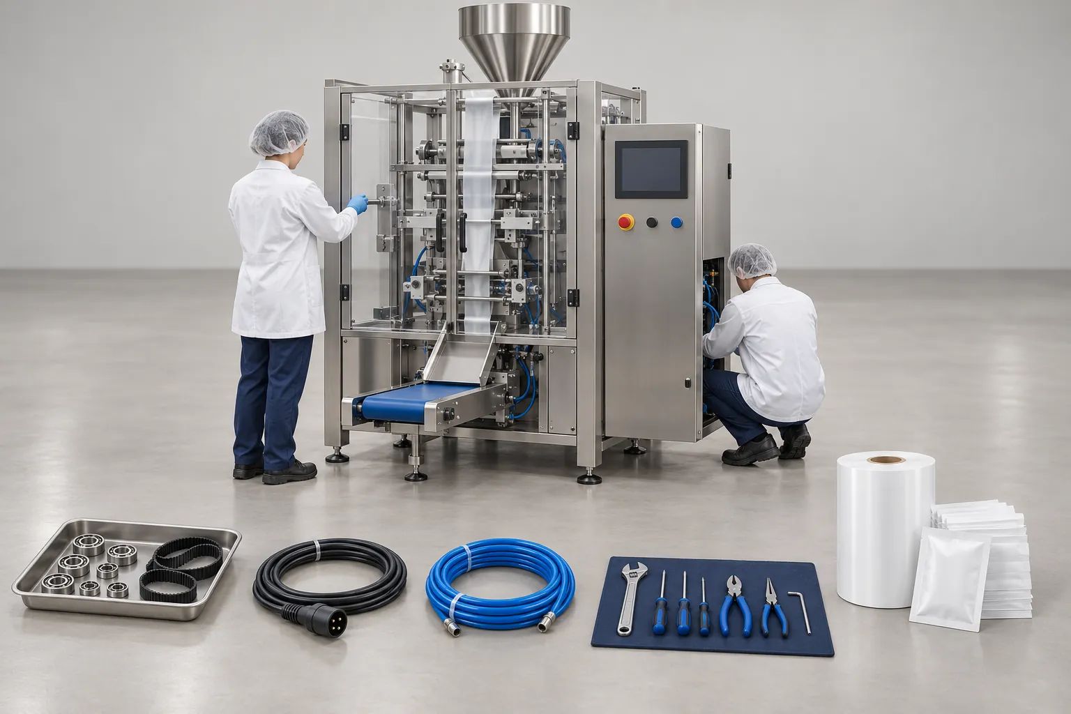 Illustration of a packaging machine surrounded by neatly arranged spare parts, cables, air hoses, maintenance tools and consumables