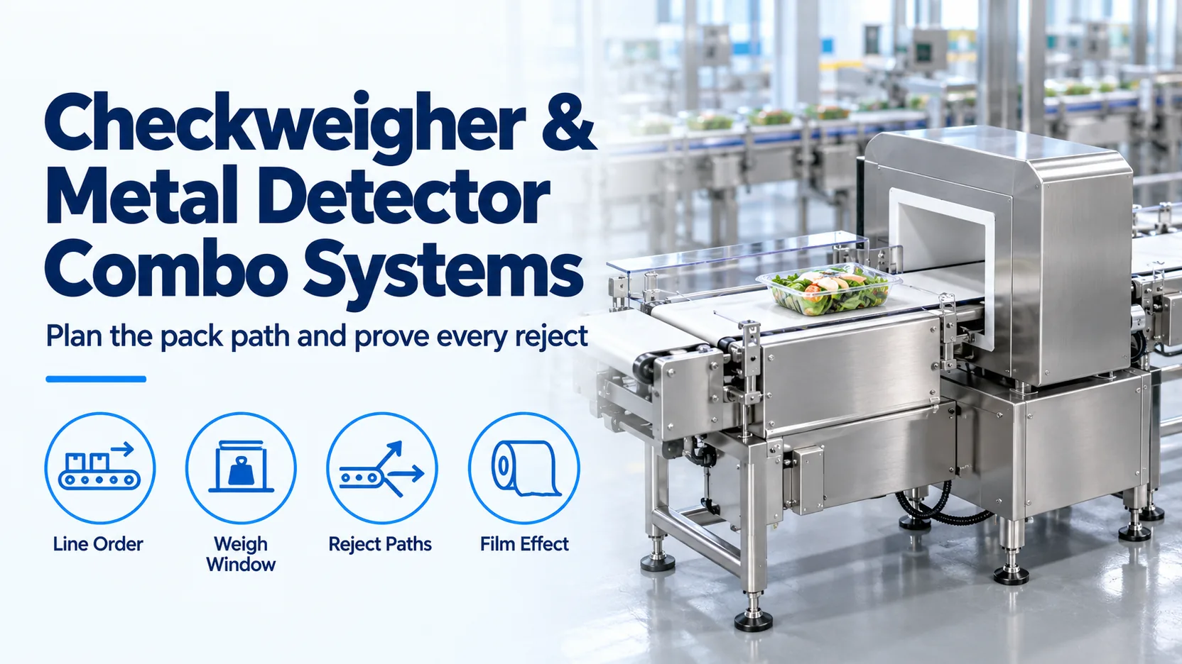 Checkweigher and metal detector combo banner for line order, weigh window, reject paths and film effect