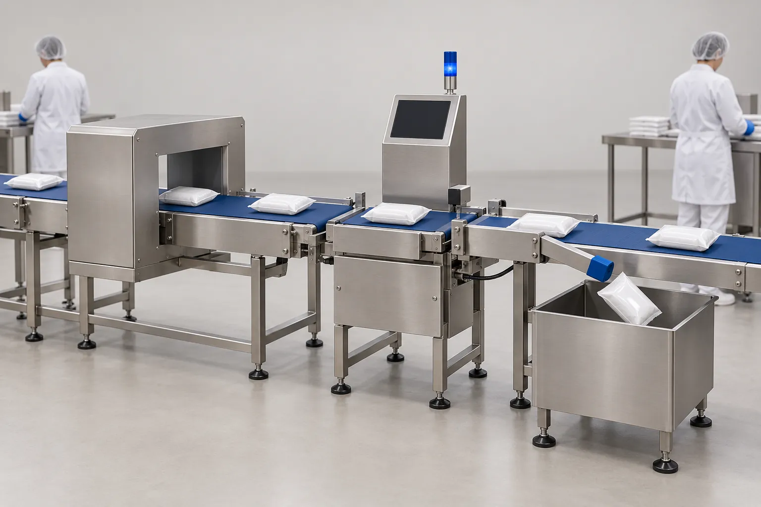 Illustration of a metal detector tunnel on a conveyor followed by a checkweigher with a reject arm, with packaged food moving through