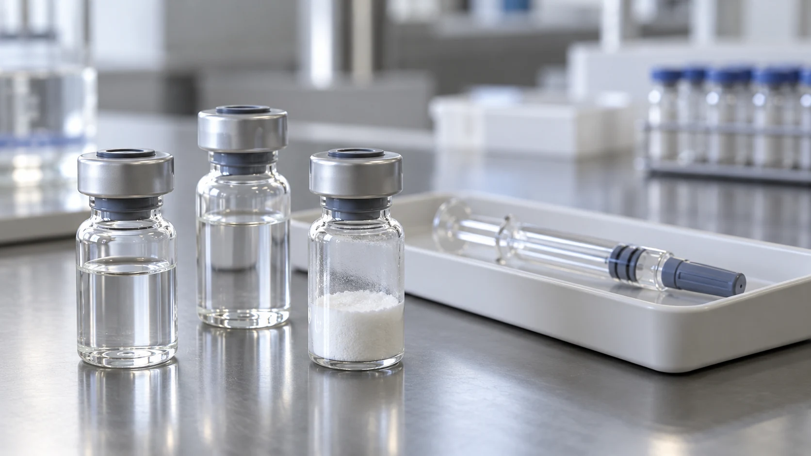 Sealed liquid-filled and lyophilized vials beside a capped prefilled syringe on a laboratory bench