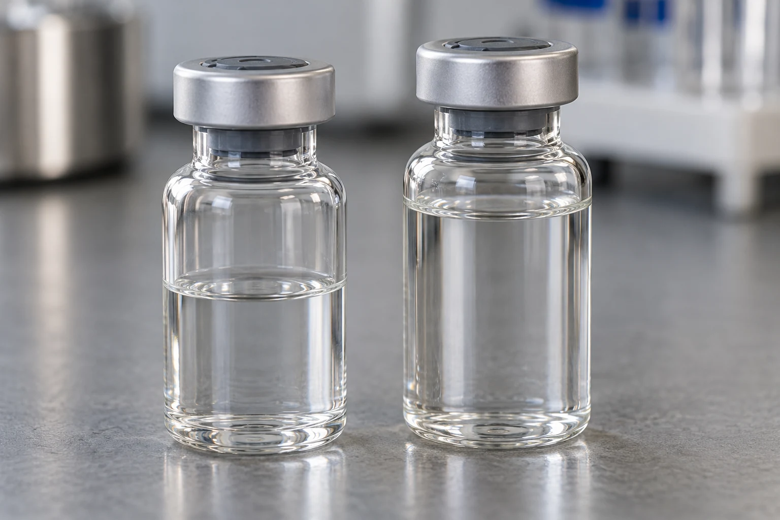 Two sealed glass vials with different liquid levels below their shoulders and crimp closures