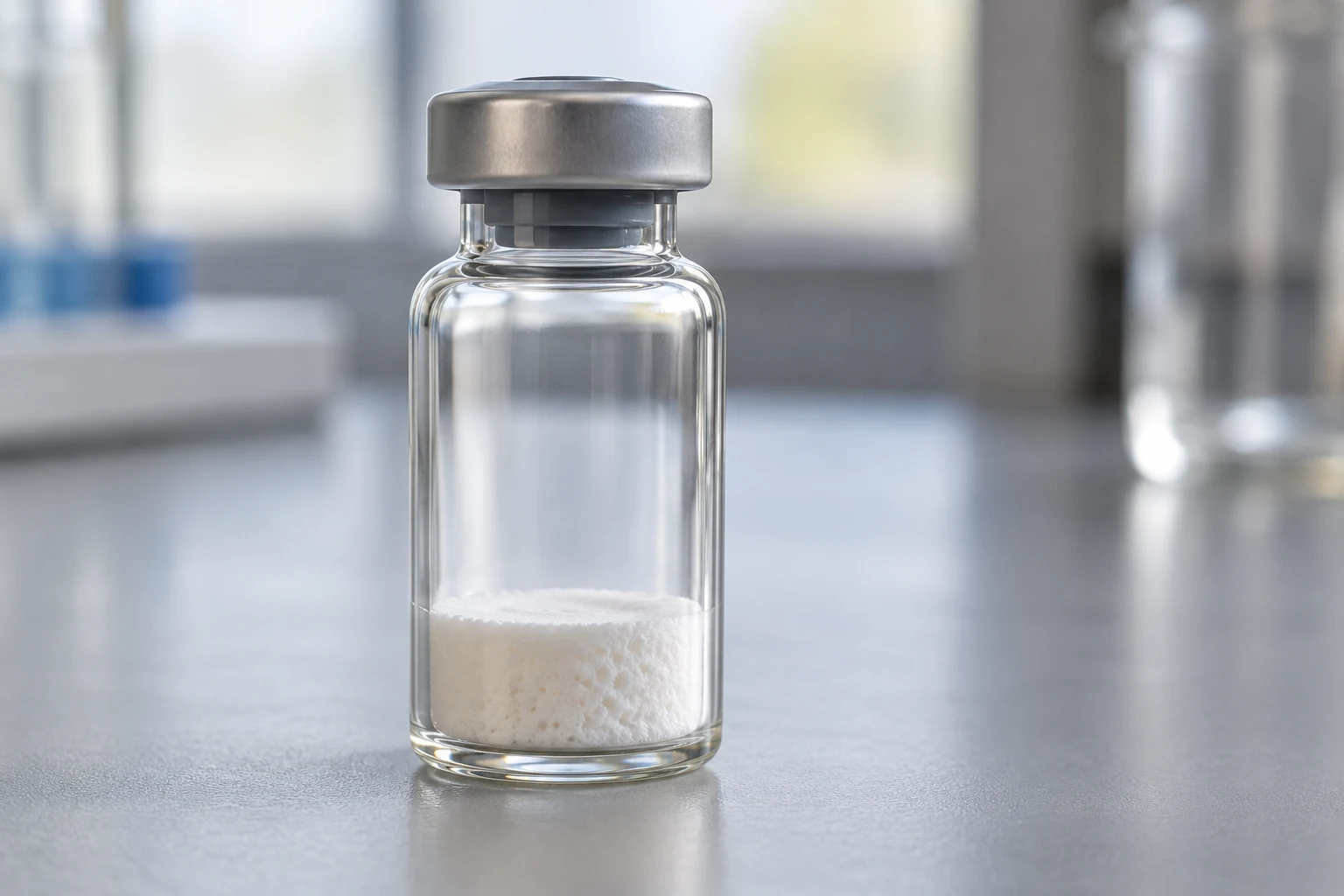A sealed vial with a white lyophilized cake and a clear gas space above it
