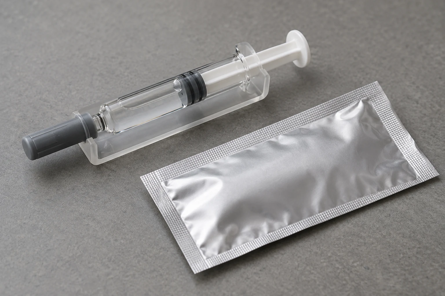 A capped prefilled syringe in a support cradle beside a sealed silver laminate pouch