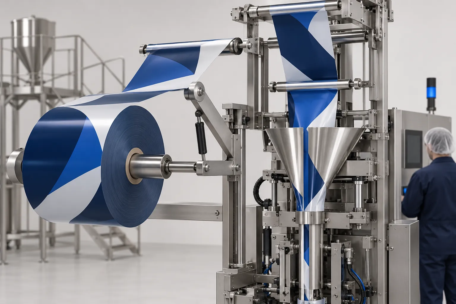 Illustration of a large printed film reel passing guide rollers and a dancer arm into the forming shoulder of a packaging machine