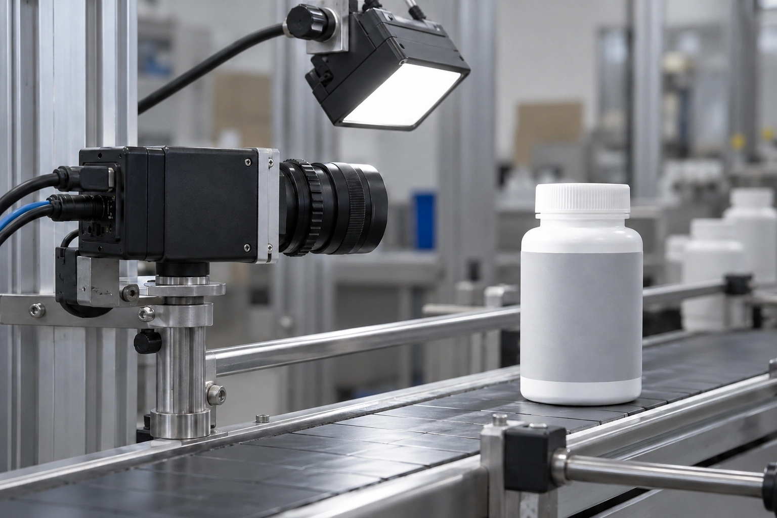 AI-generated illustration of a fixed camera facing a plain bottle label on a conveyor