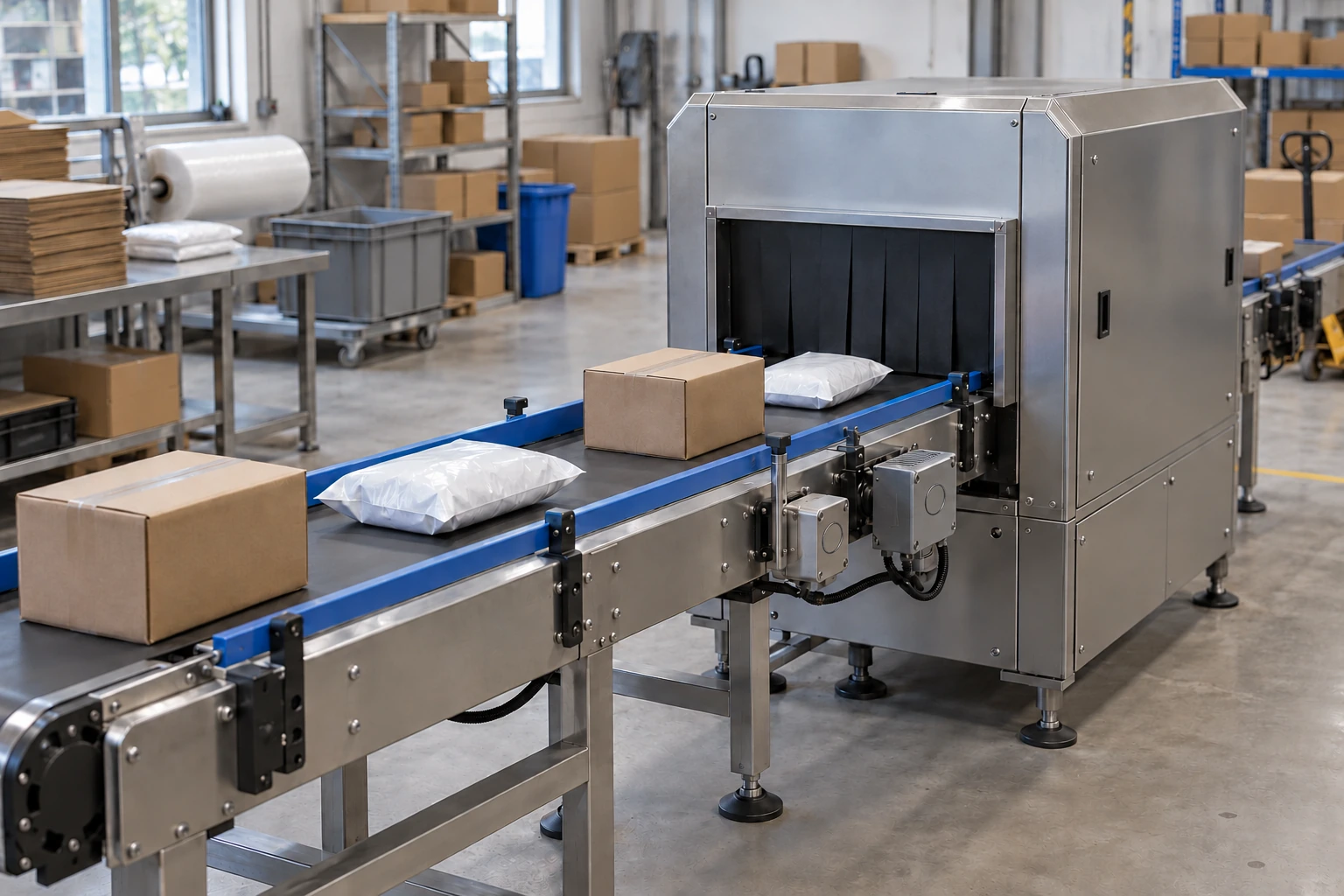 AI-generated illustration of plain sealed packs approaching an enclosed conveyor inspection station