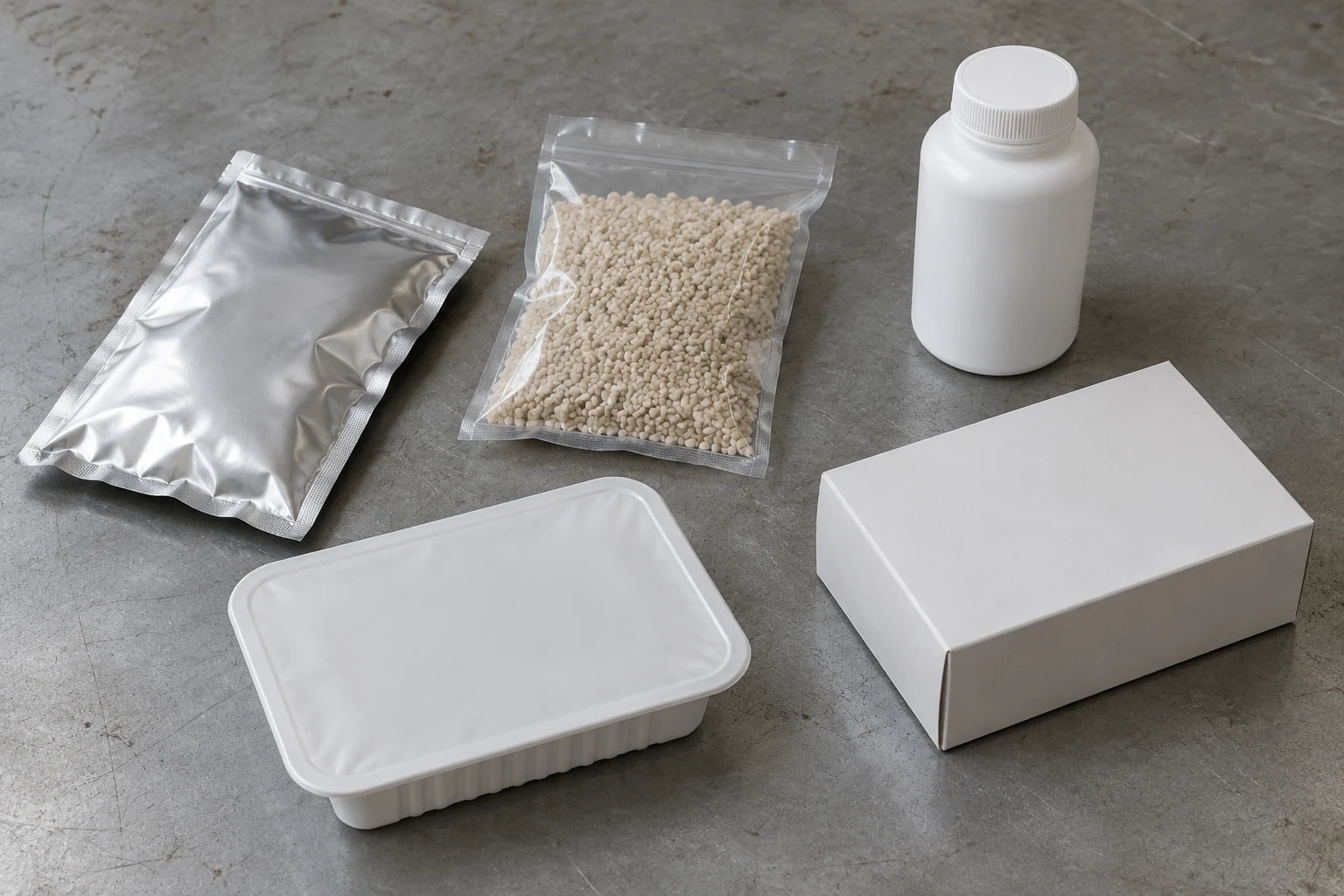 AI-generated illustration of foil and clear pouches, a tray, a carton and a bottle prepared for evaluation