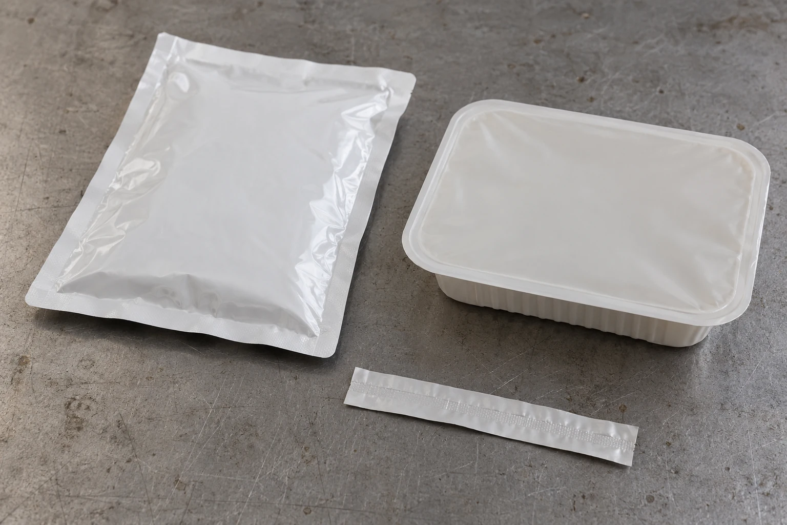 AI-generated illustration of closed pouch and tray samples beside a separate seal strip