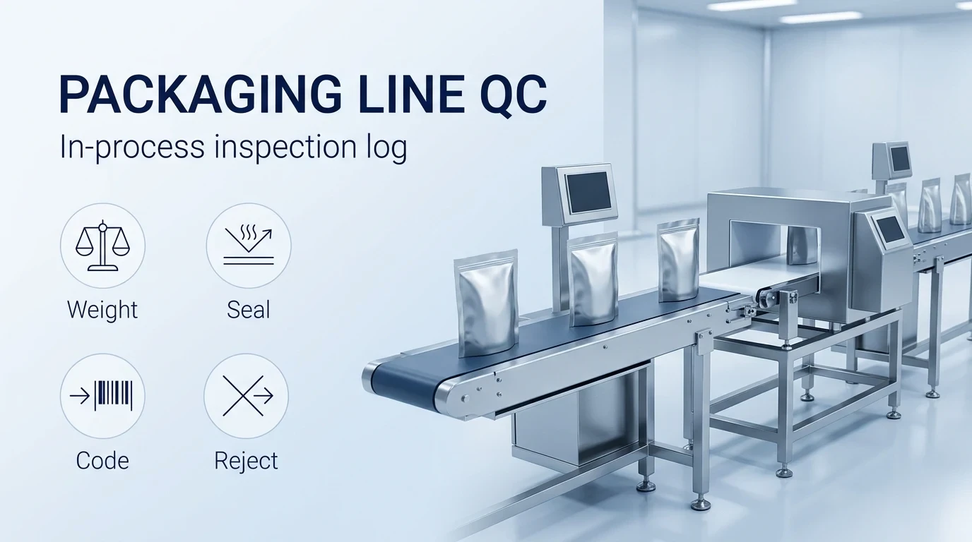 Packaging line QC checklist cover showing weight, seal, code, and reject inspection stations