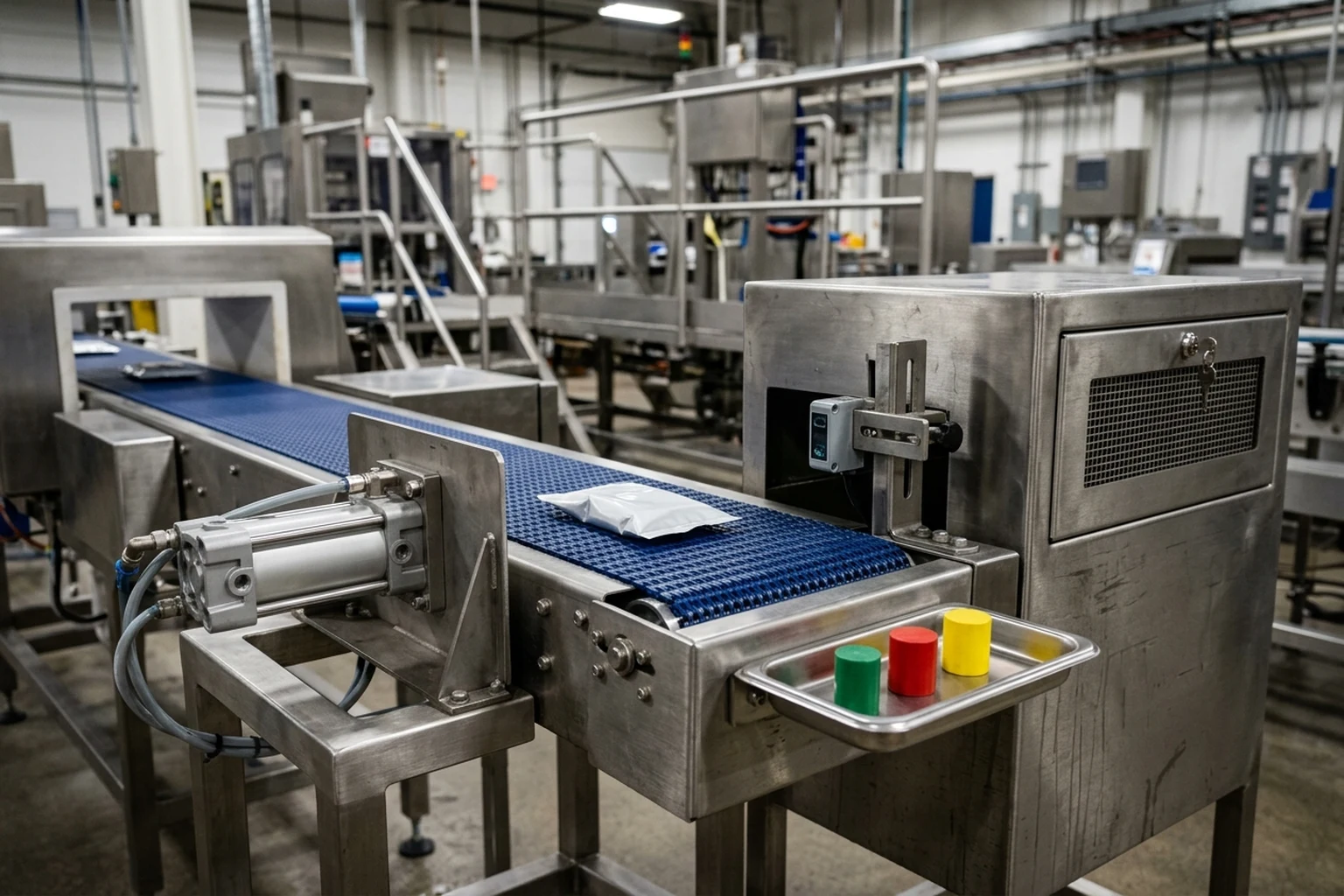 Stainless conveyor reject station with pneumatic pusher cylinder, photo-eye bracket at a locked reject bin, and color-coded test pieces