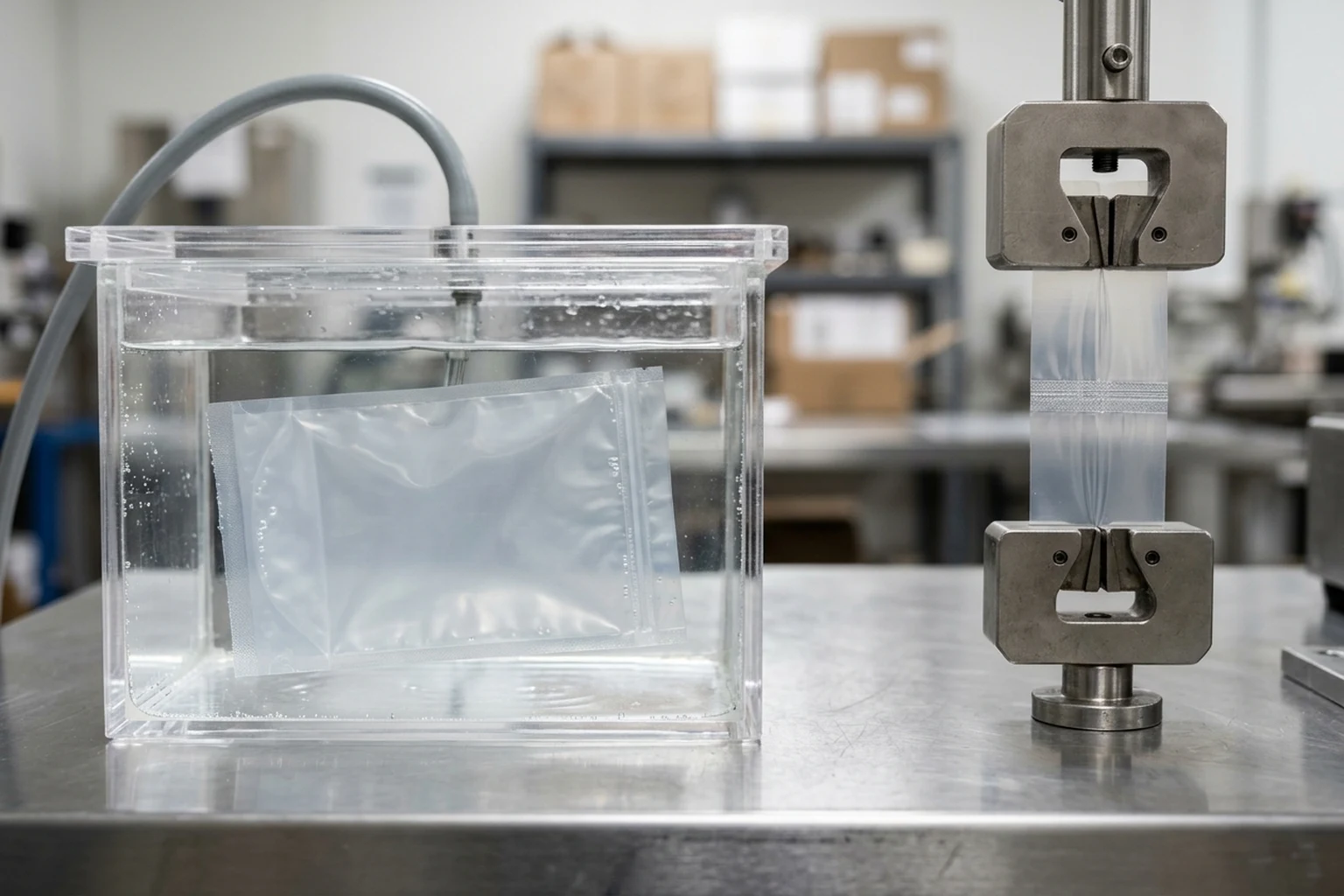 Acrylic water bath with a submerged translucent pouch beside mechanical peel-test grips holding a sealed film strip