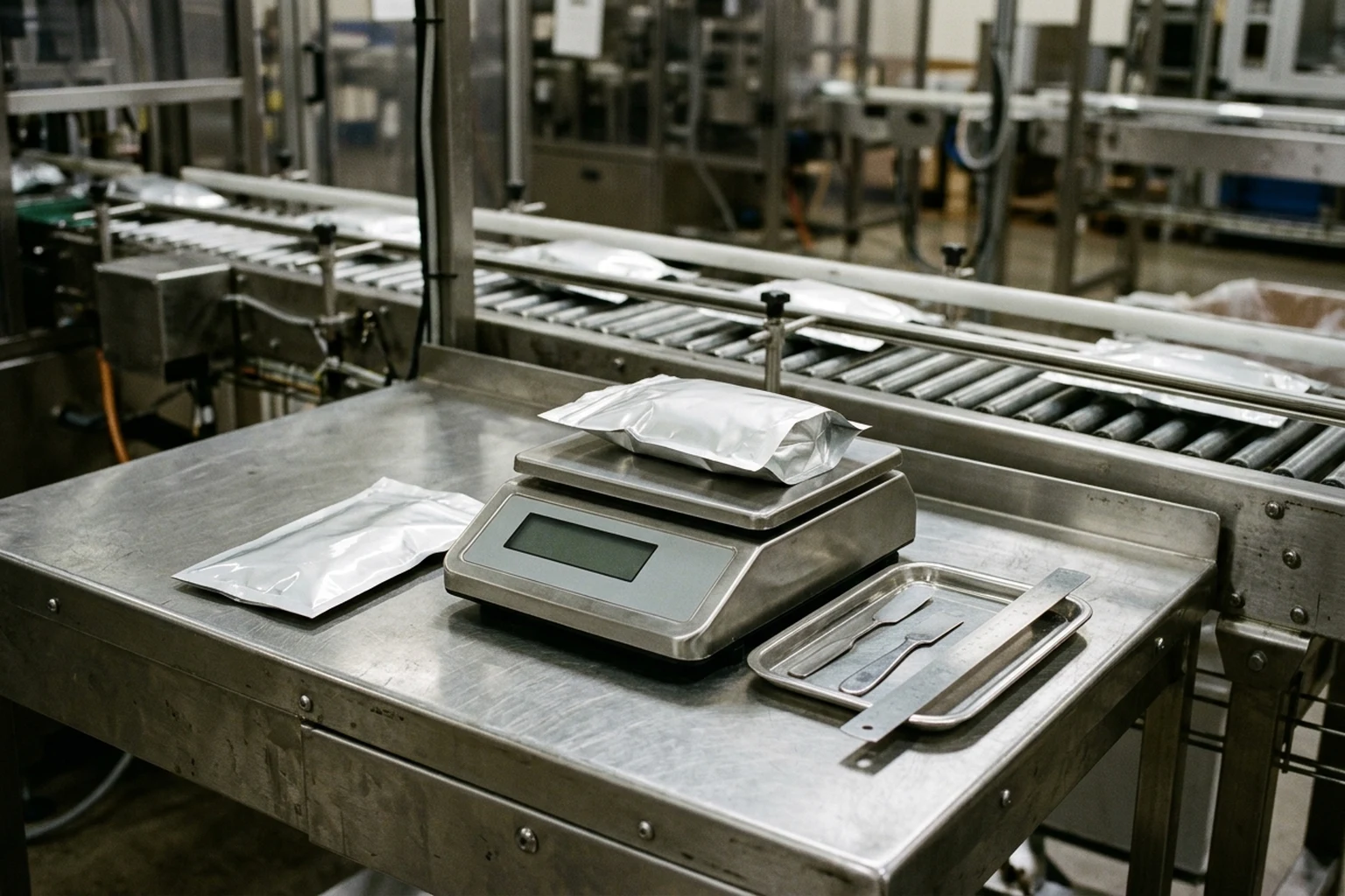 Stainless quality-control bench beside a packaging conveyor with an unprinted pouch on a check scale and a dry-tare pouch