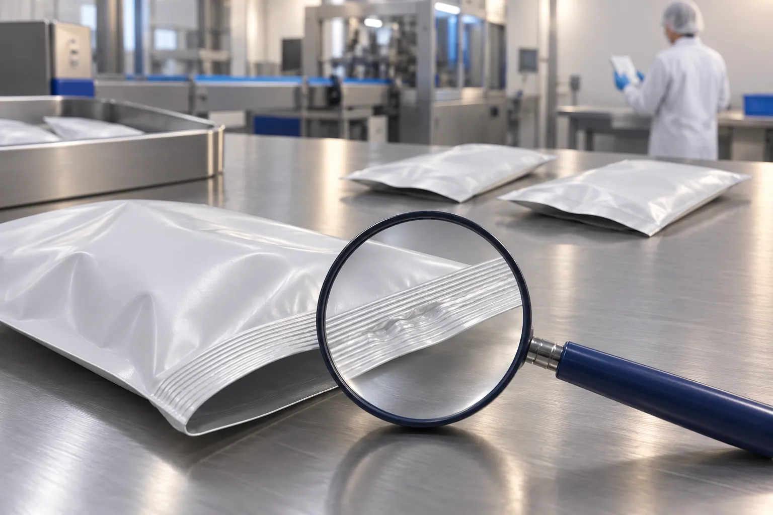 Close-up illustration of a heat-sealed pouch top with a magnifying glass and sample pouches on an inspection bench