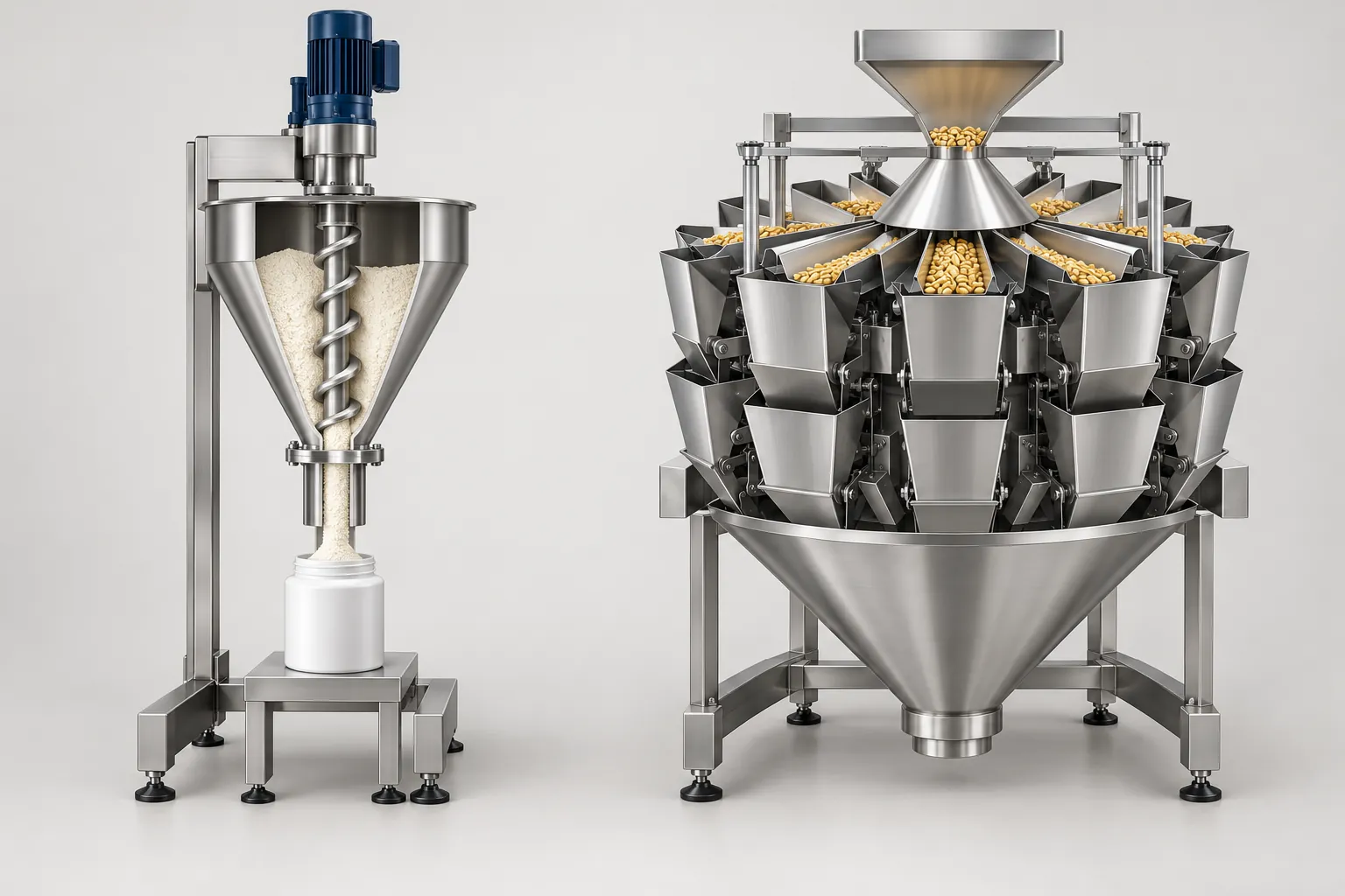 Illustration of an auger filler dosing powder into a container beside a multihead weigher with a ring of weigh hoppers over snack pieces