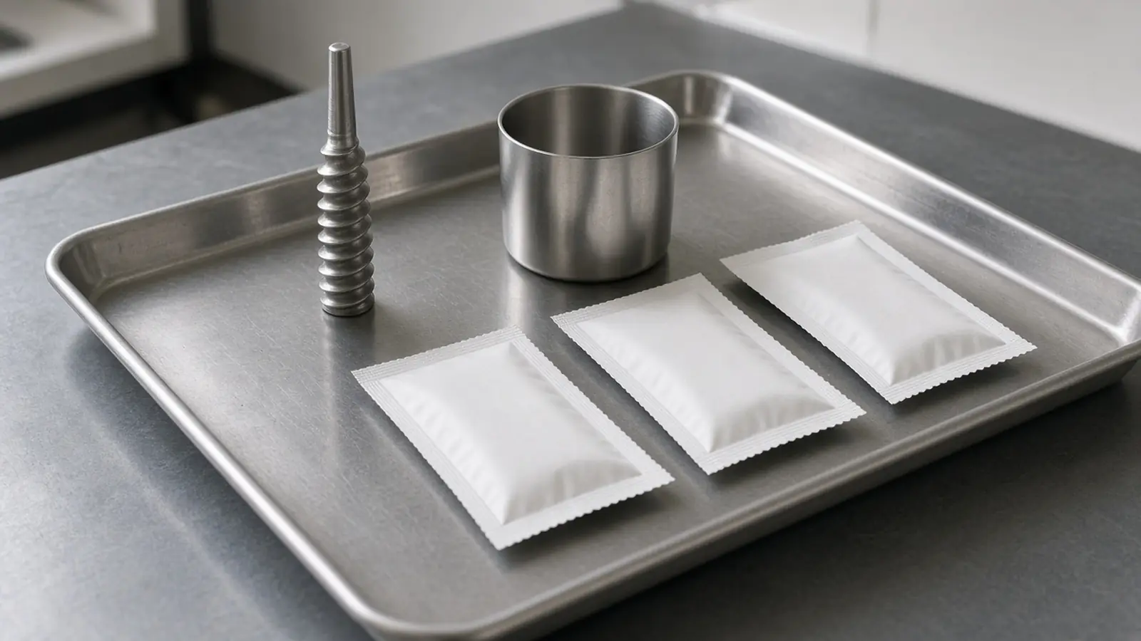 A loose stainless auger, a plain cup, and three blank sachets on a metal tray