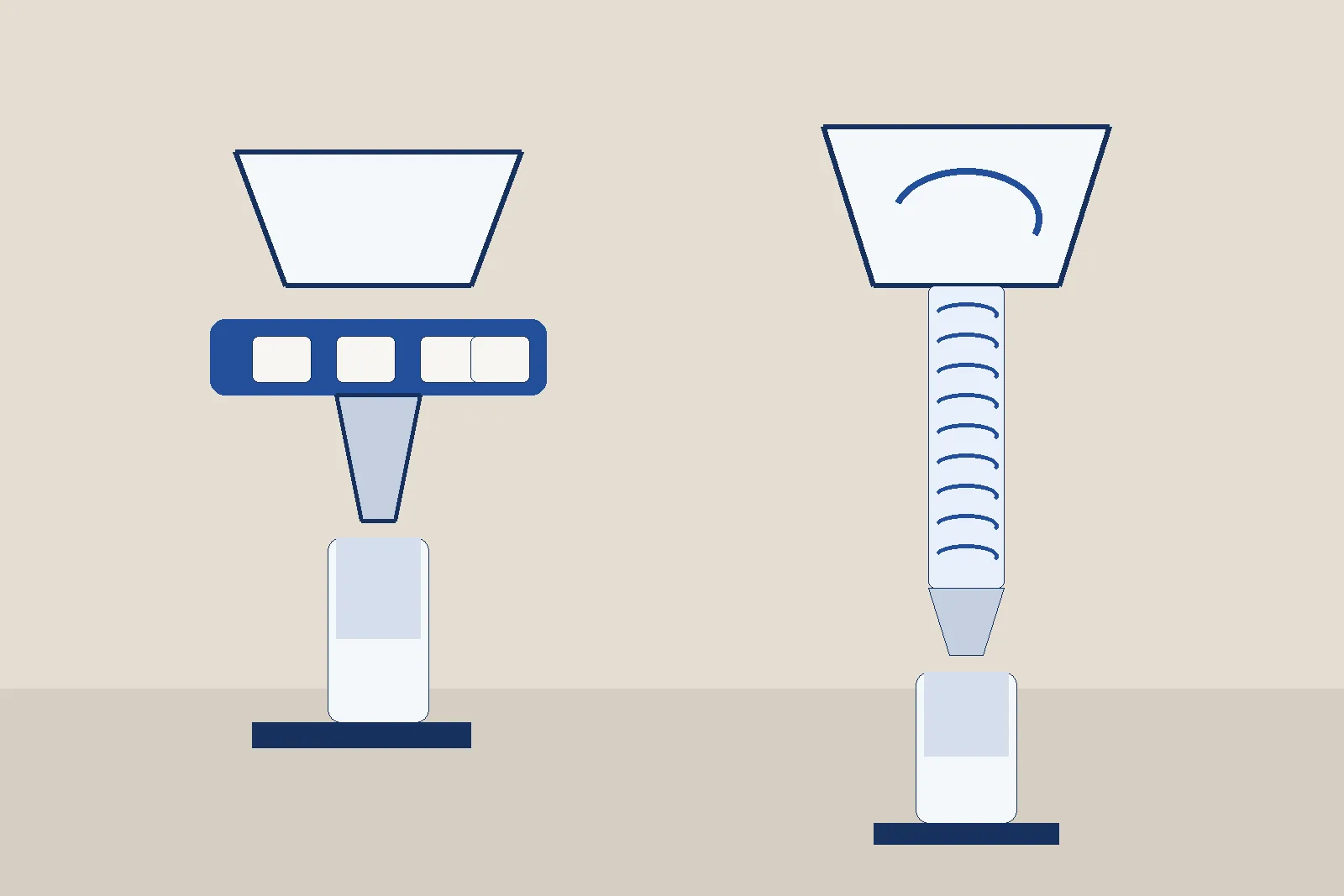 Illustration of a generic volumetric cup filler with a plate of cups beside a generic auger filler with a vertical screw tube, both discharging into plain jars