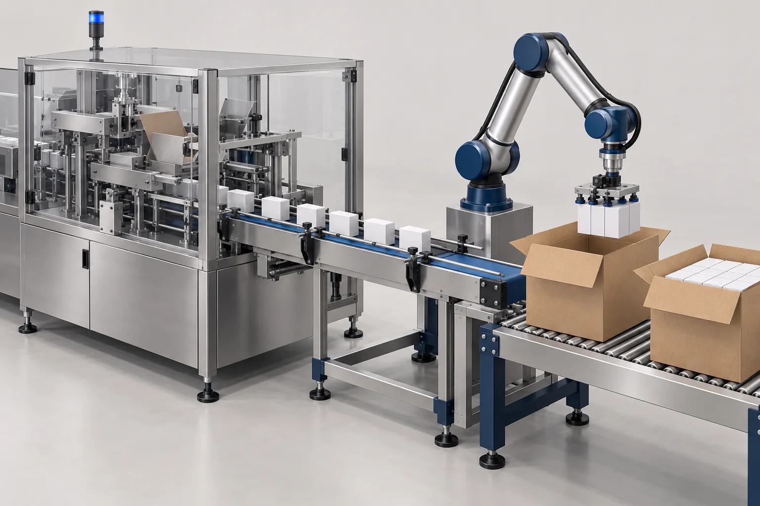 Illustration of cartons leaving a cartoning machine and a robot placing them into corrugated shipping cases
