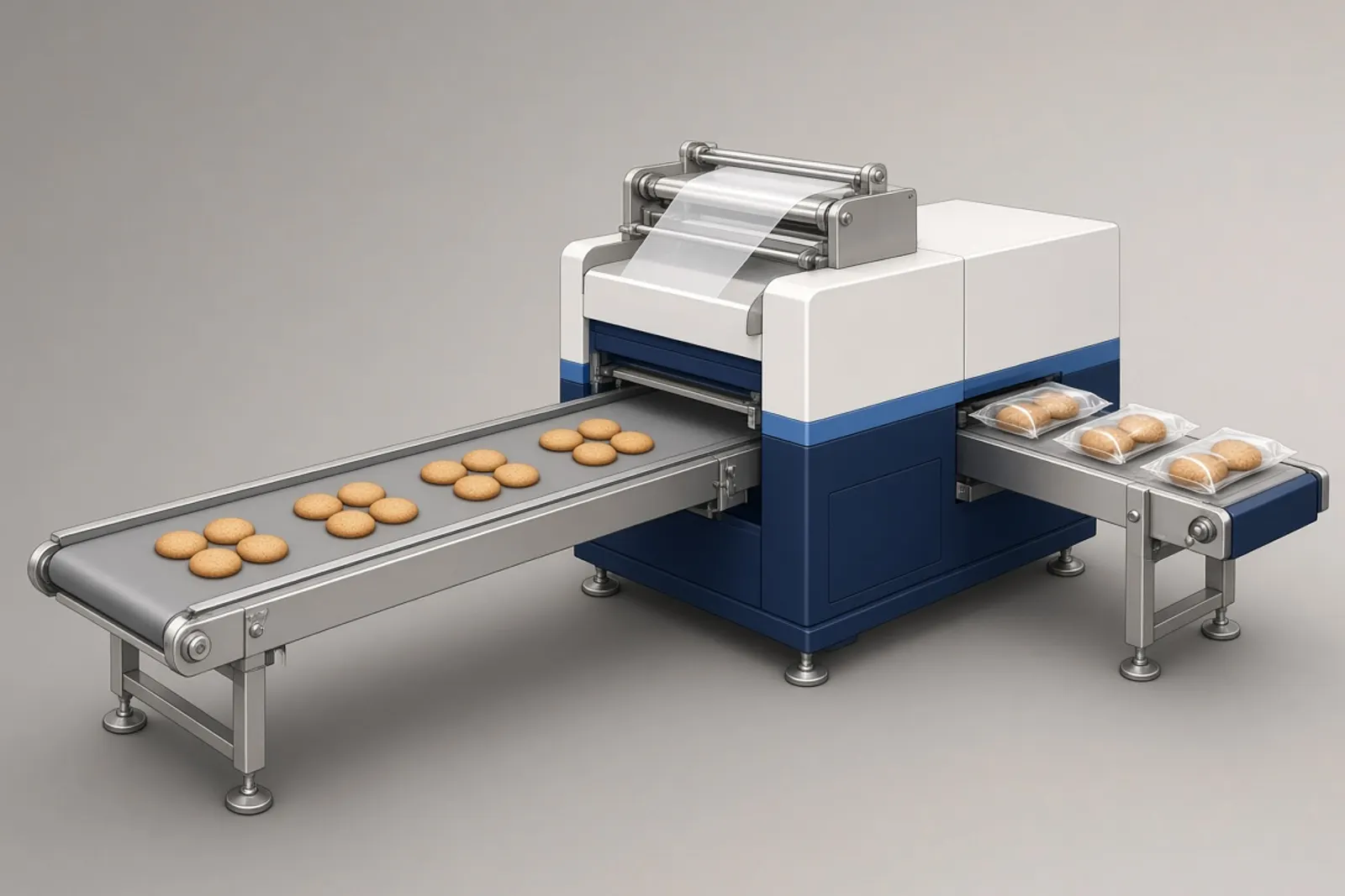 Illustration of plain round cookies lying flat on an infeed belt moving toward a generic horizontal flow wrapper, with wrapped cookie packs leaving at the far end