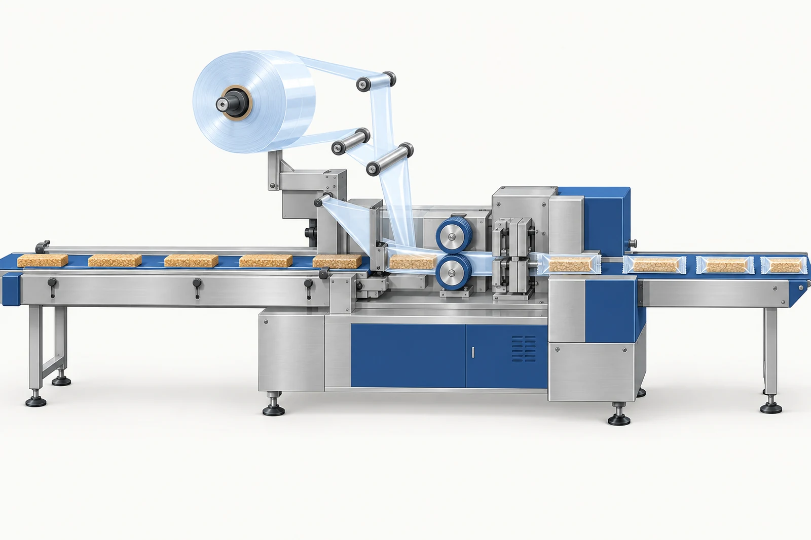 Illustration of a horizontal flow wrapper with products on the infeed conveyor, a film reel above, sealing jaws and wrapped pillow packs leaving on the discharge belt