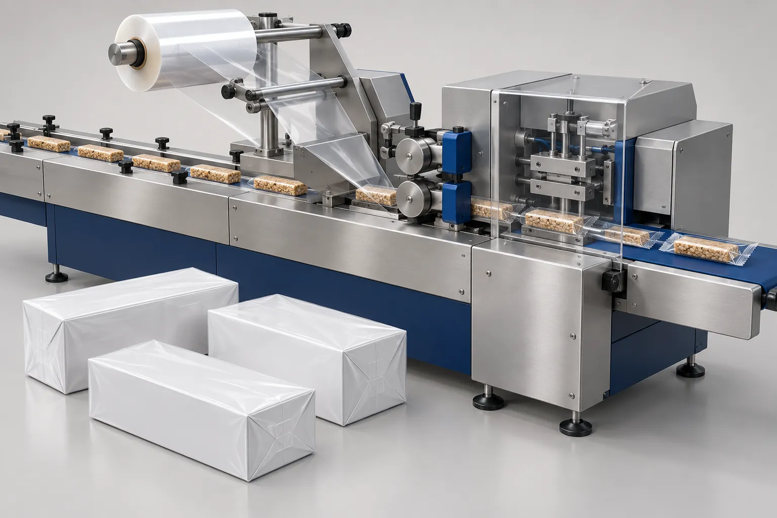 Illustration of a horizontal flow wrapper enclosing bar-shaped products beside several cartons wrapped in clear film