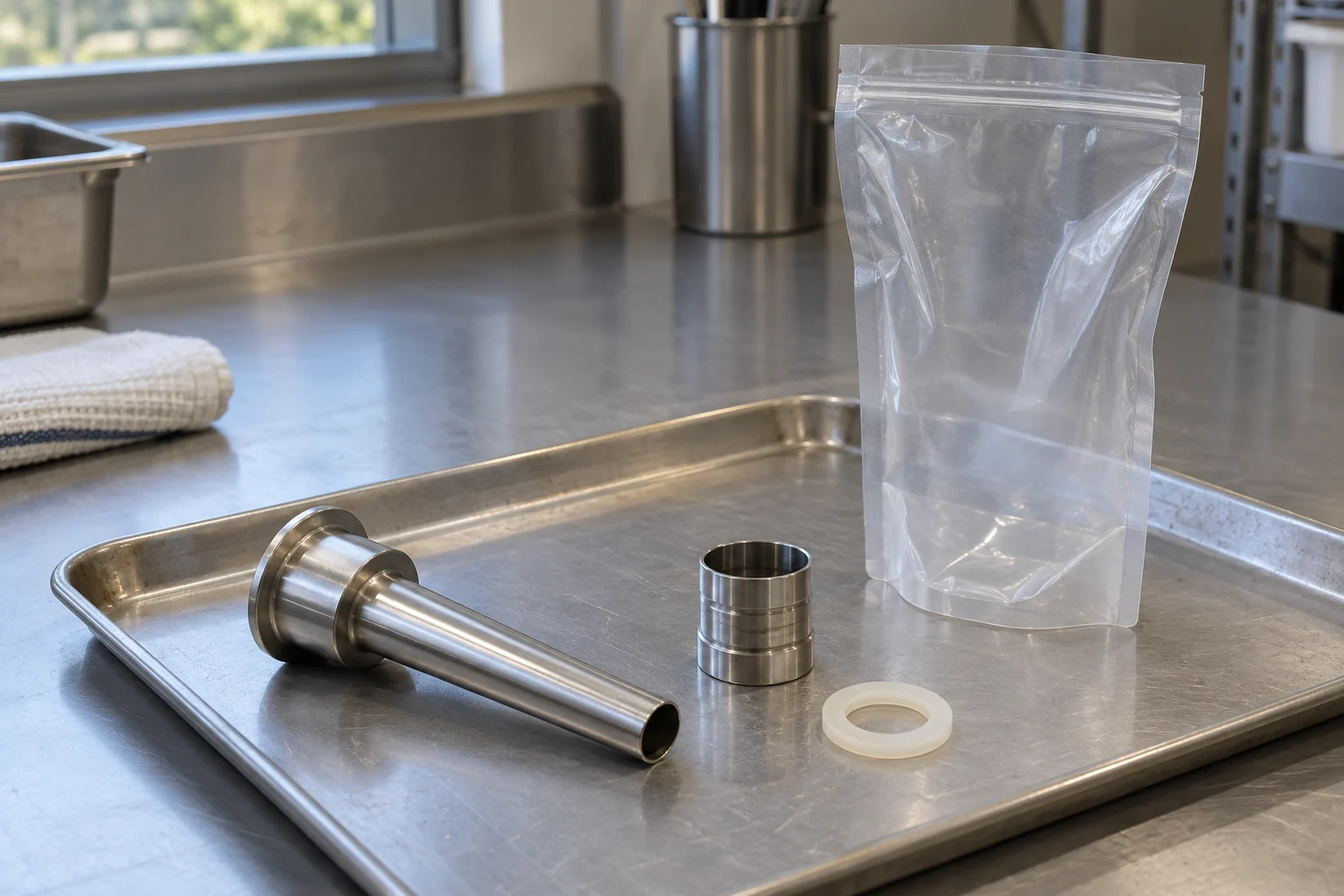 A separate stainless filling nozzle, metal hose fitting and pale gasket on a steel tray beside an empty pouch