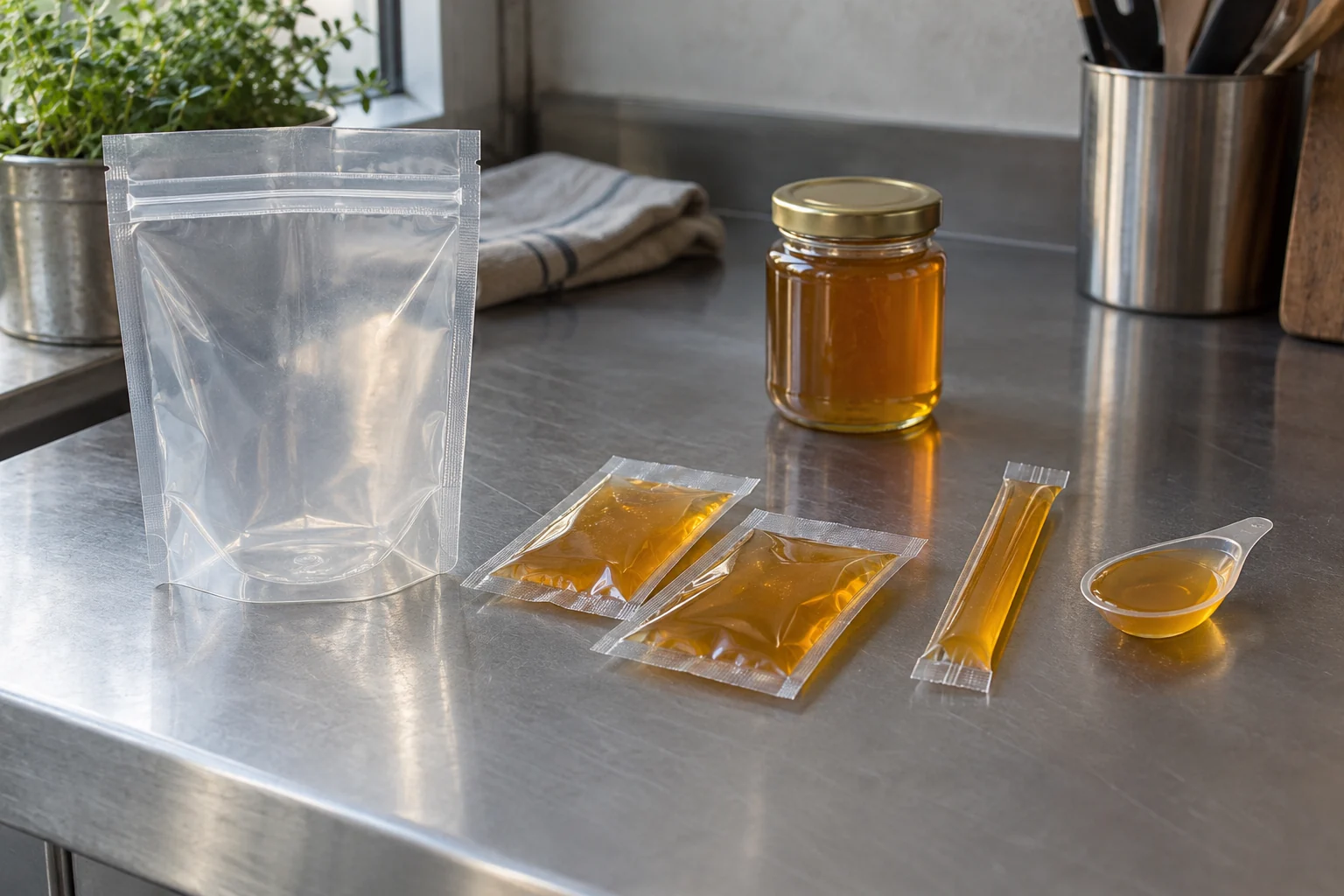 An empty clear stand-up pouch, flat honey packets, a narrow packet and a shallow spoon-shaped container beside a jar of honey