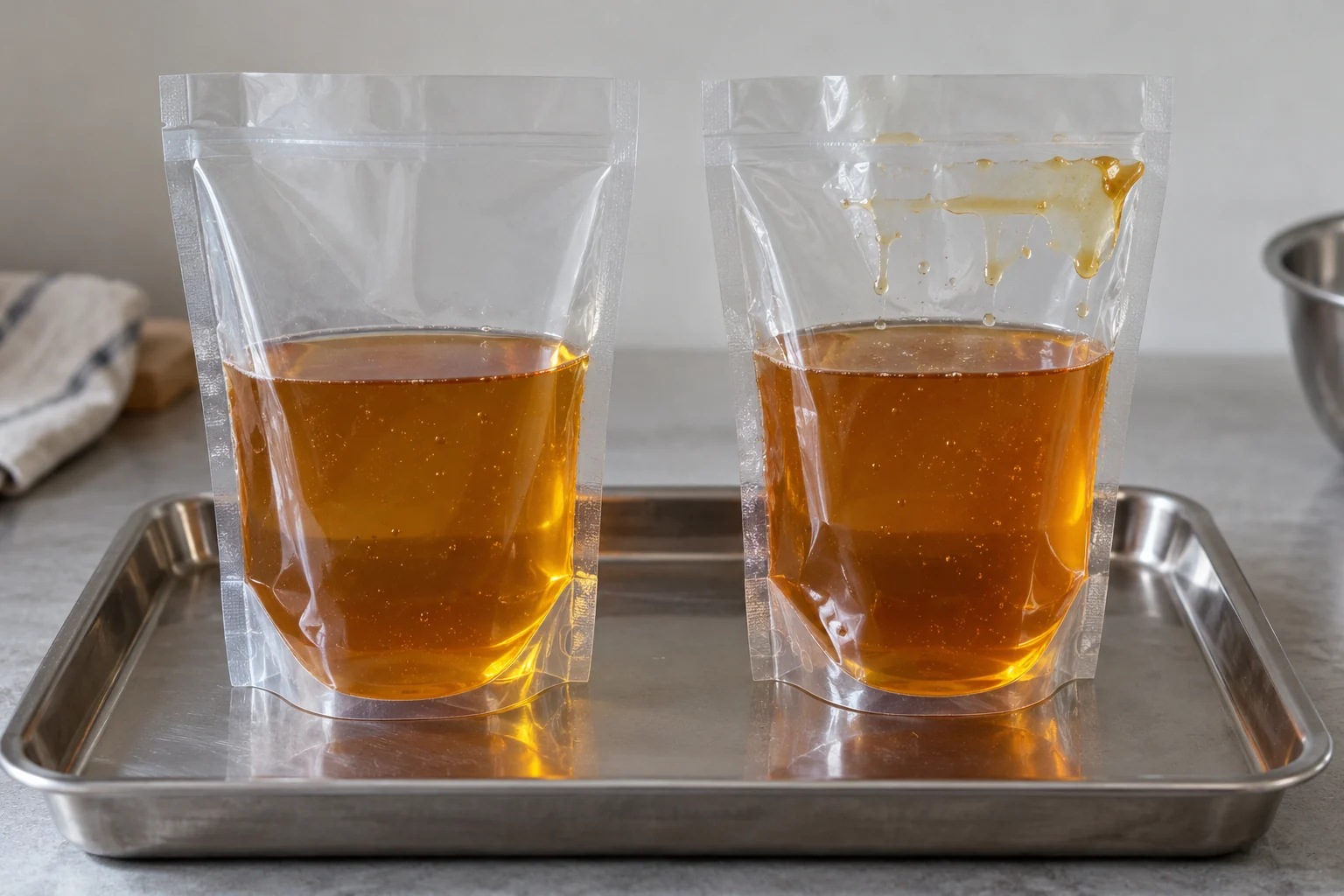 Two clear pouches of amber honey on a steel tray, with a clean upper margin on one and an amber smear on the other