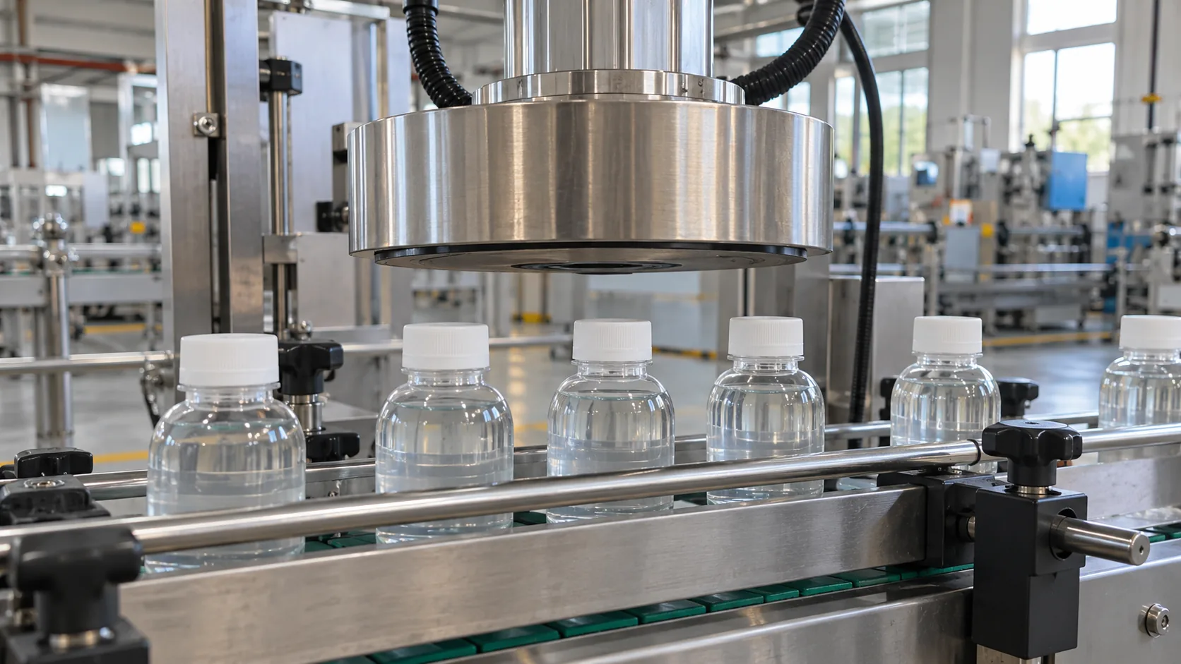 An unbranded induction sealing head above capped bottles on a conveyor