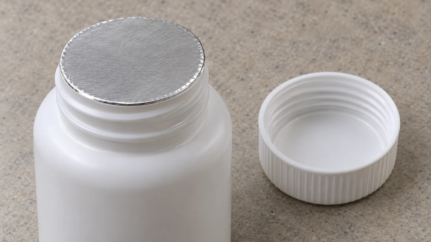 A plain foil disk on a bottle land beside an unlabeled cap