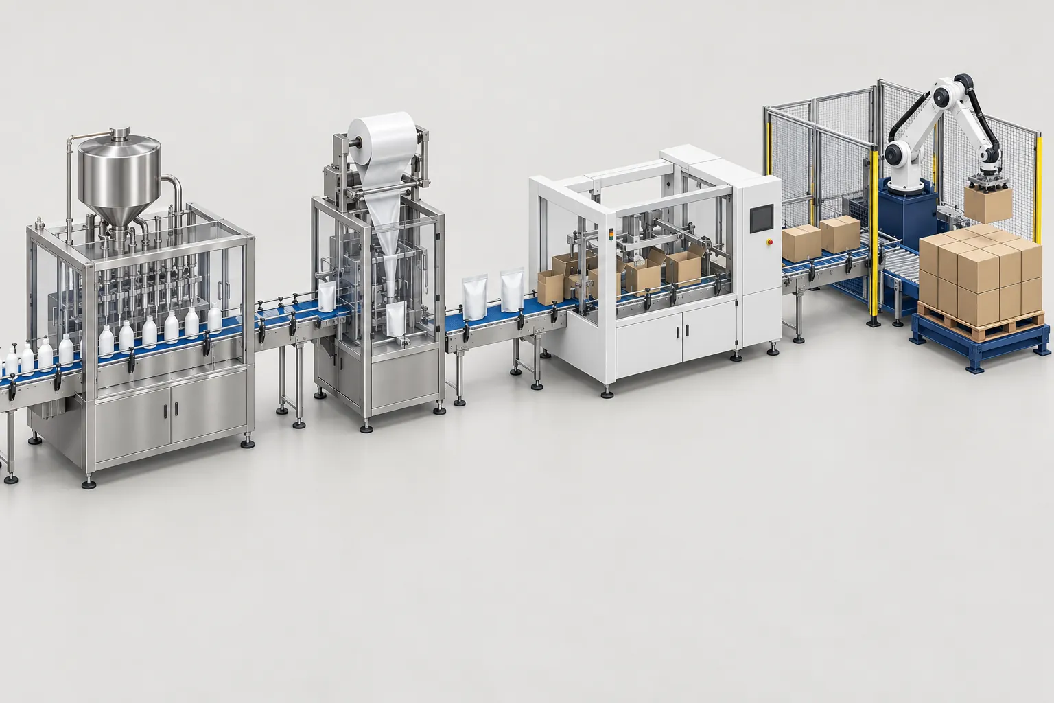 Isometric illustration of a packaging line with a filler, a pouch machine, a cartoner, a case packer and a palletizer joined by conveyors