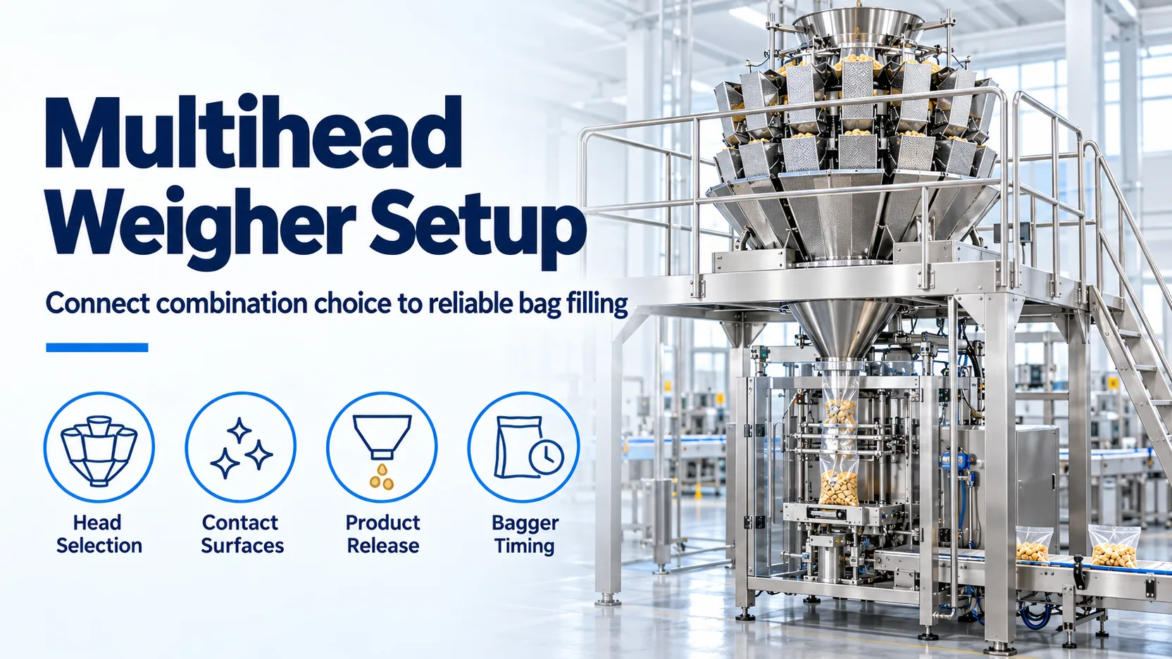Multihead weigher setup banner for head selection, contact surfaces, product release and bagger timing
