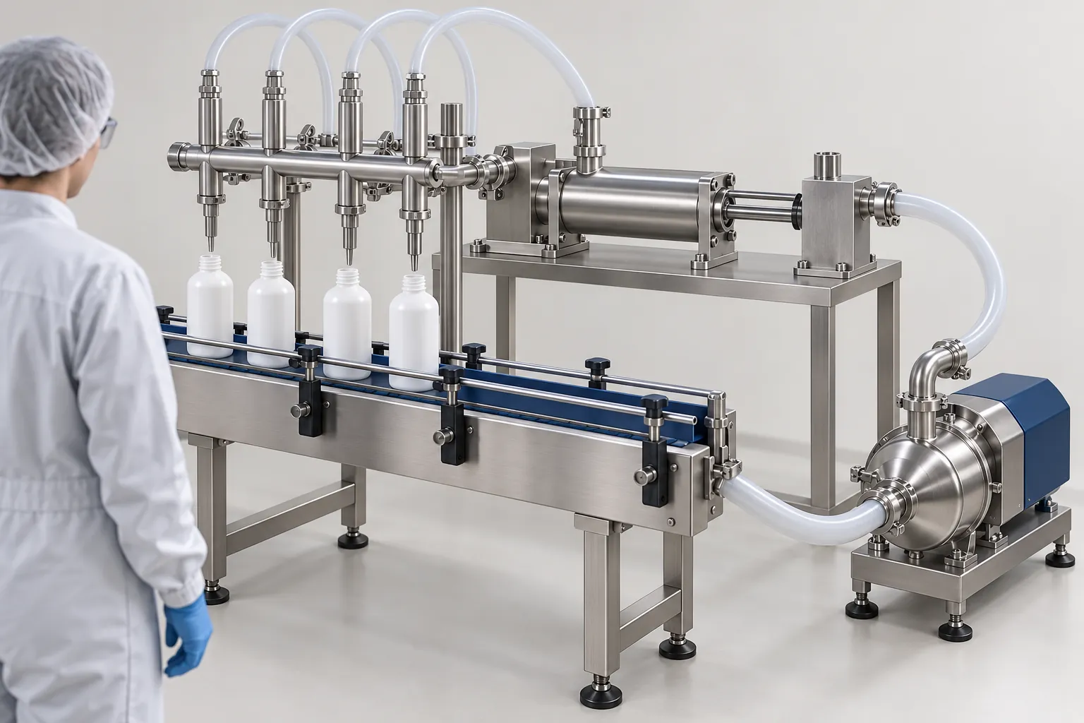 Illustration of a row of filling nozzles above bottles, with a piston cylinder and a pump visible beside the filler