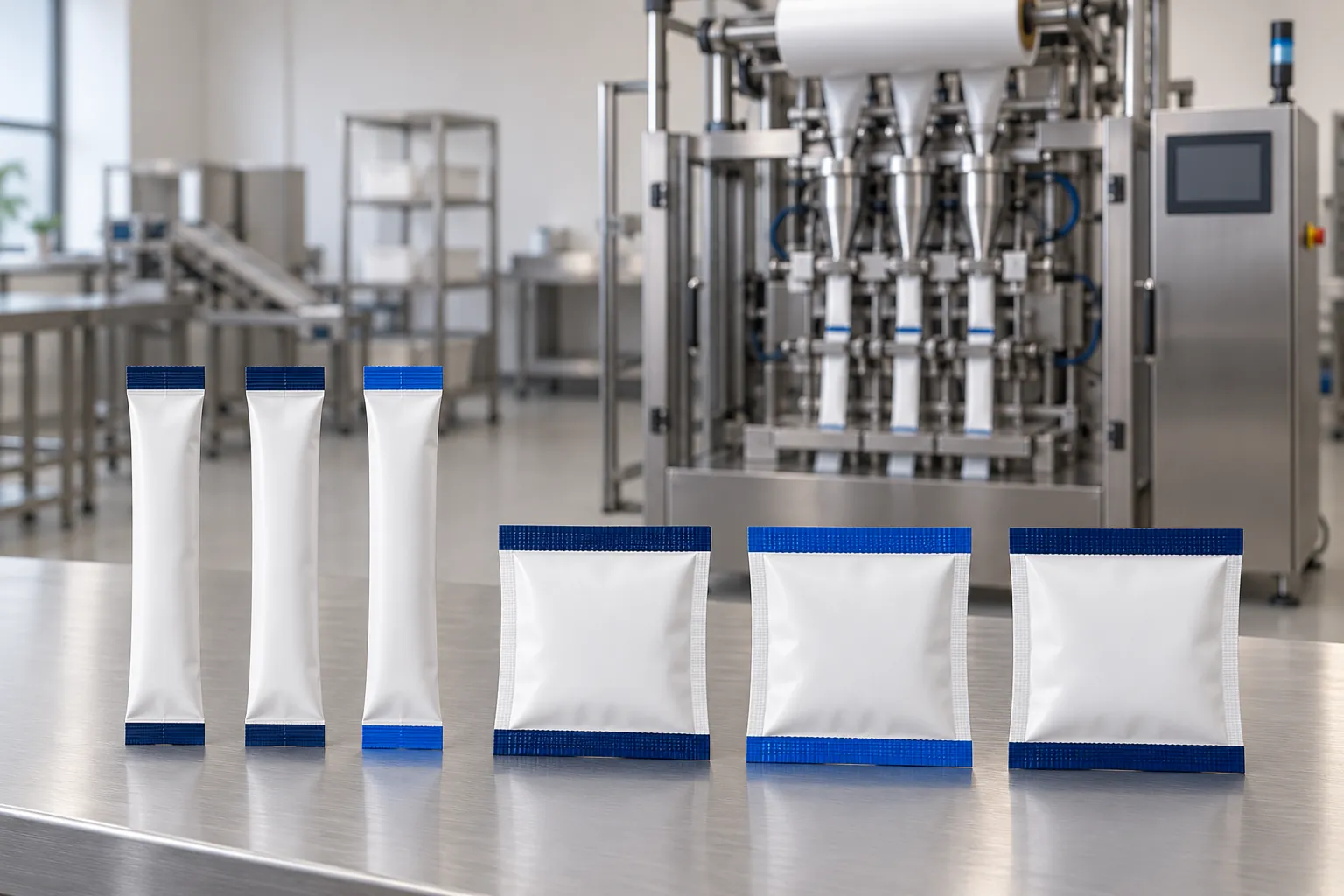 Illustration of blank stick packs and square sachets on a stainless steel surface with a blurred multi-lane packing machine behind