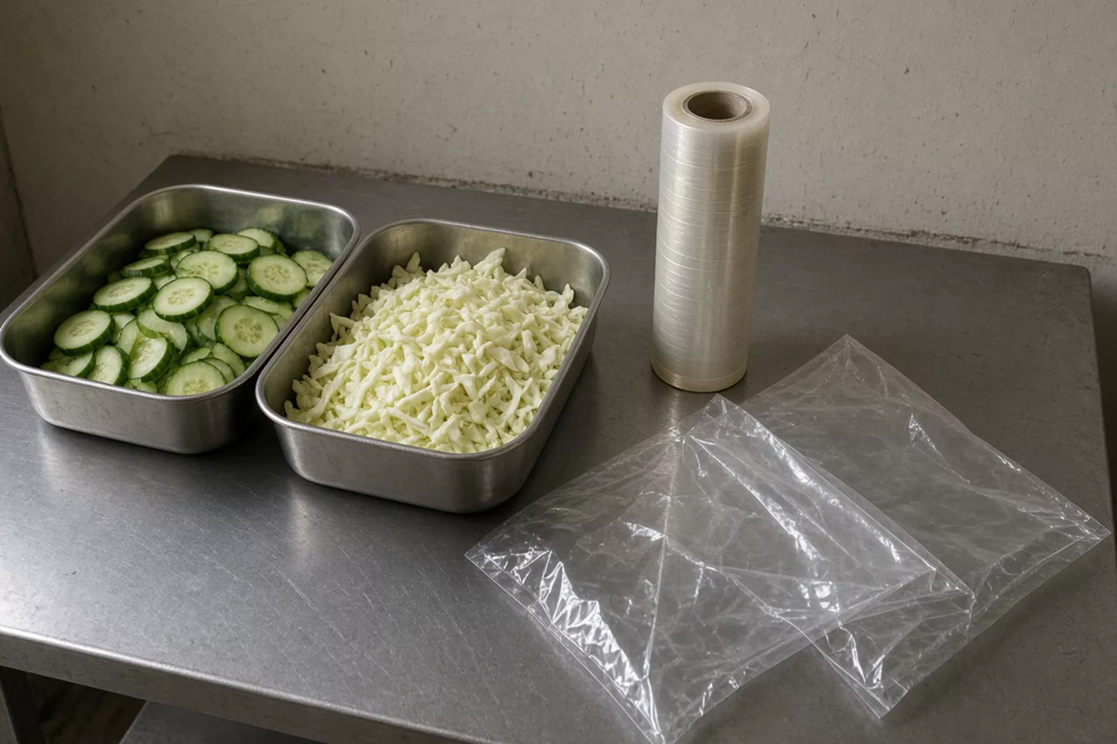 Steel pans of sliced cucumber and shredded cabbage on a steel table, beside a clear film roll and two empty bags