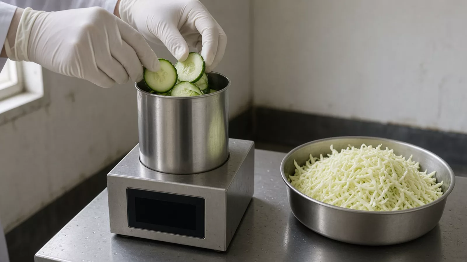 Gloved hands placing cucumber slices into a steel cup on a small machine, with shredded cabbage in a bowl