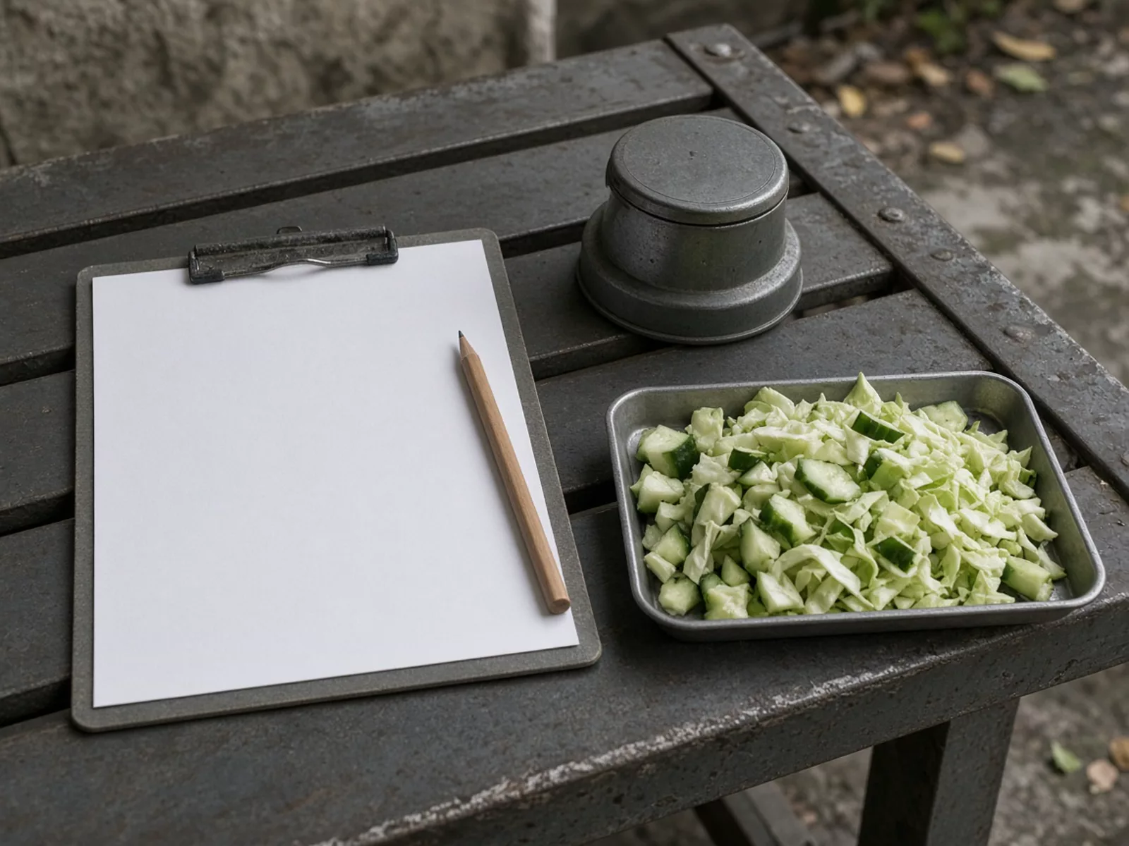 A blank sheet on a clipboard, a pencil, a lidded metal weight, and a tray of cut cucumber and cabbage