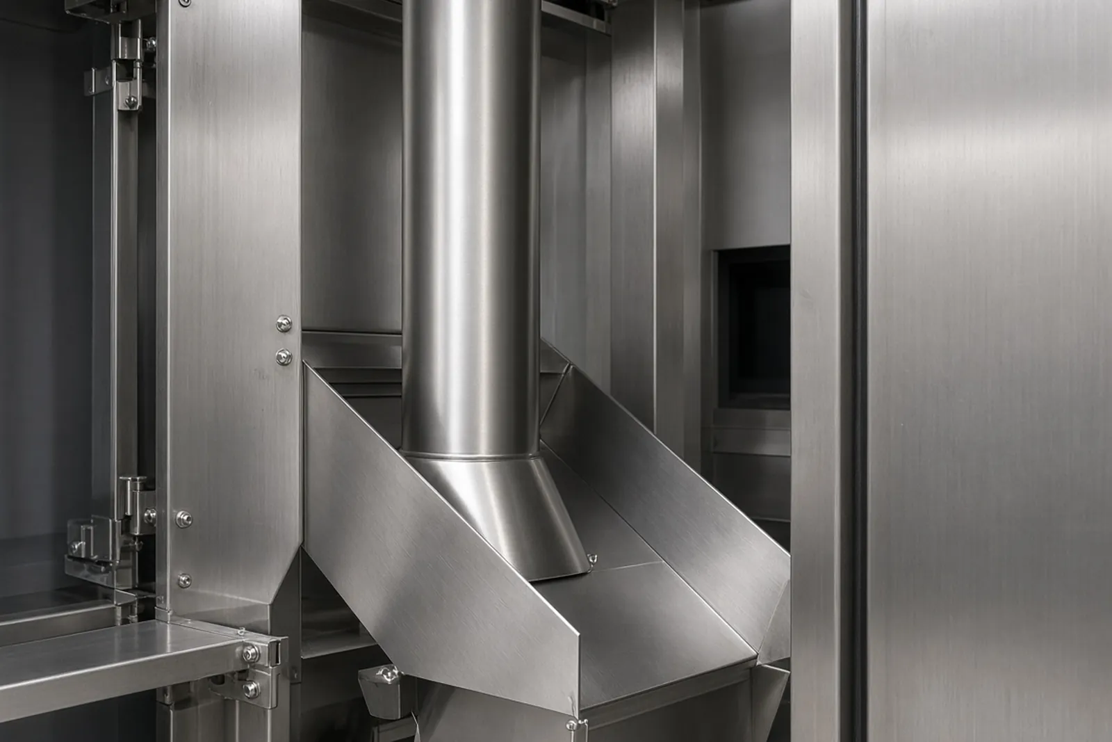 An open stainless machine interior with a vertical tube and a sloped chute, and no product inside