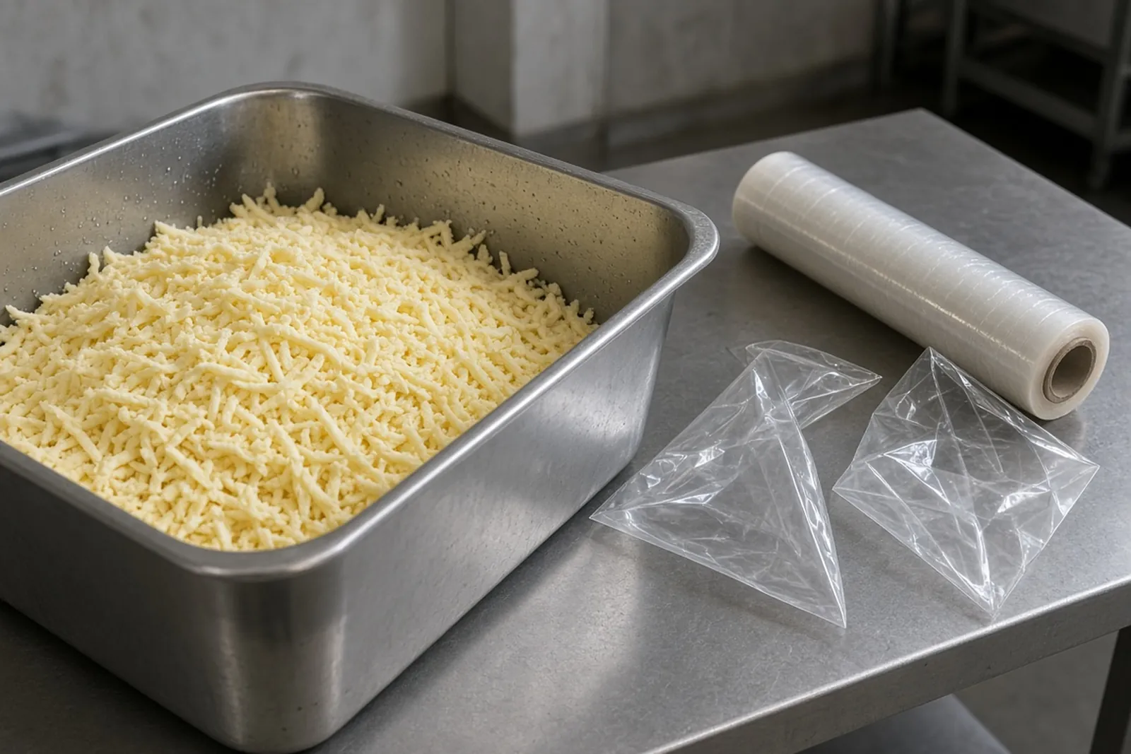 A steel bin of pale shredded cheese on a steel table, beside a clear film roll and two empty plain bags