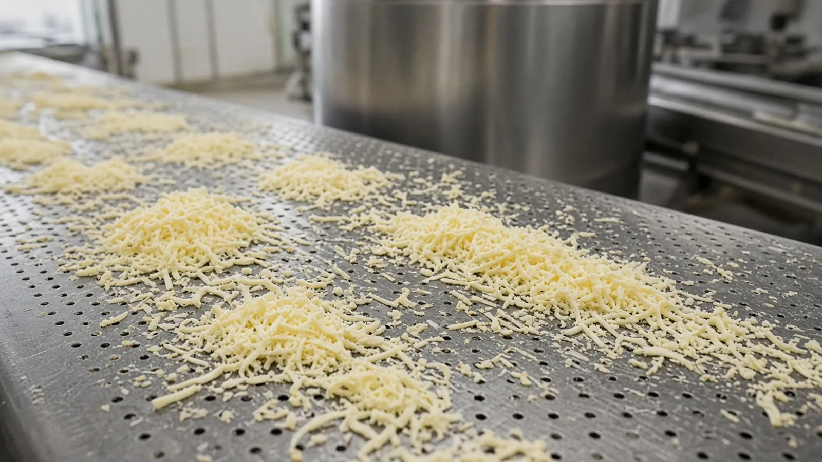 Pale cheese shreds in separate piles on a perforated steel belt, with a plain steel drum behind them