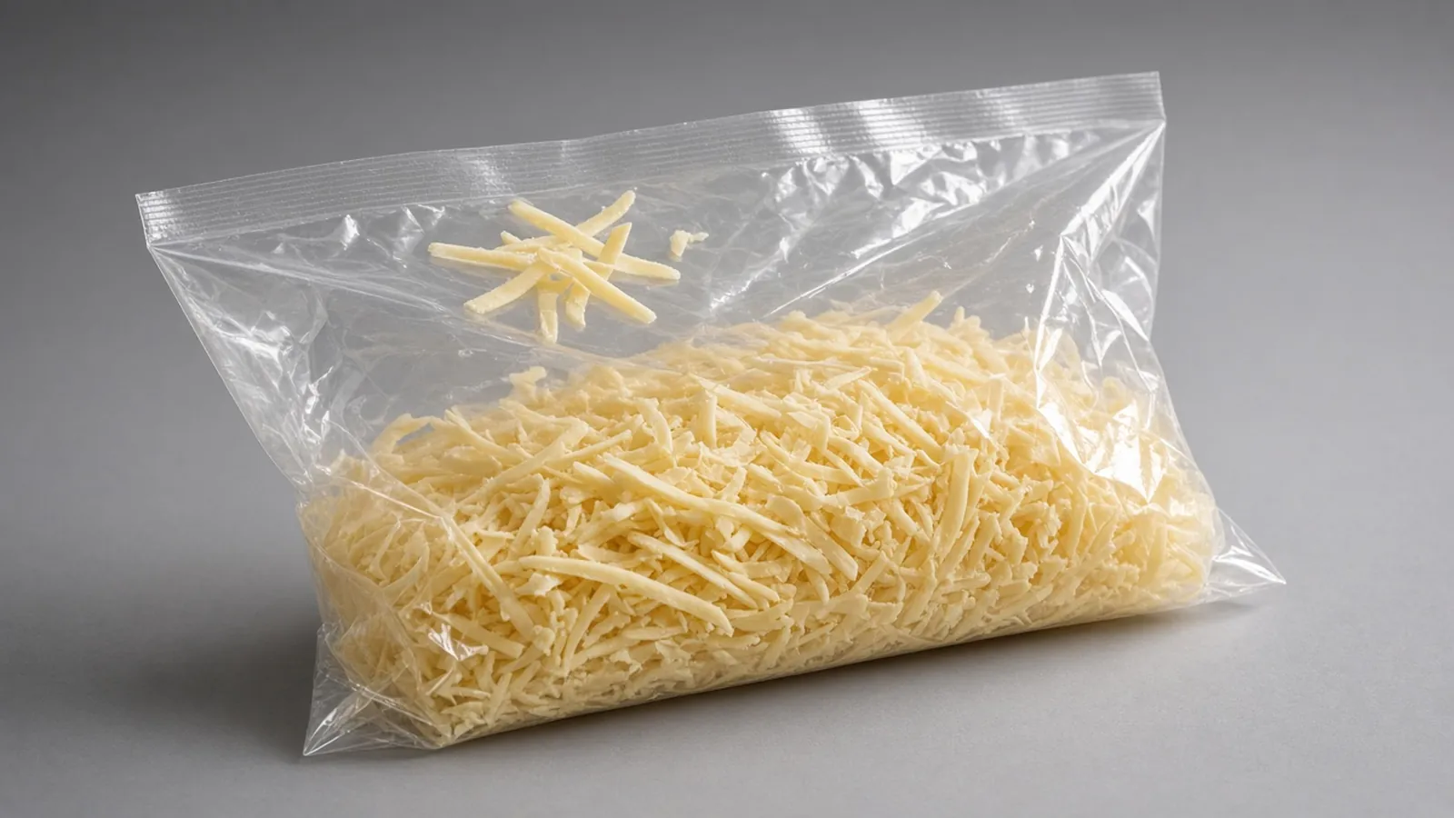 Loose pale shreds resting on the clear film above a bag filled with shredded cheese